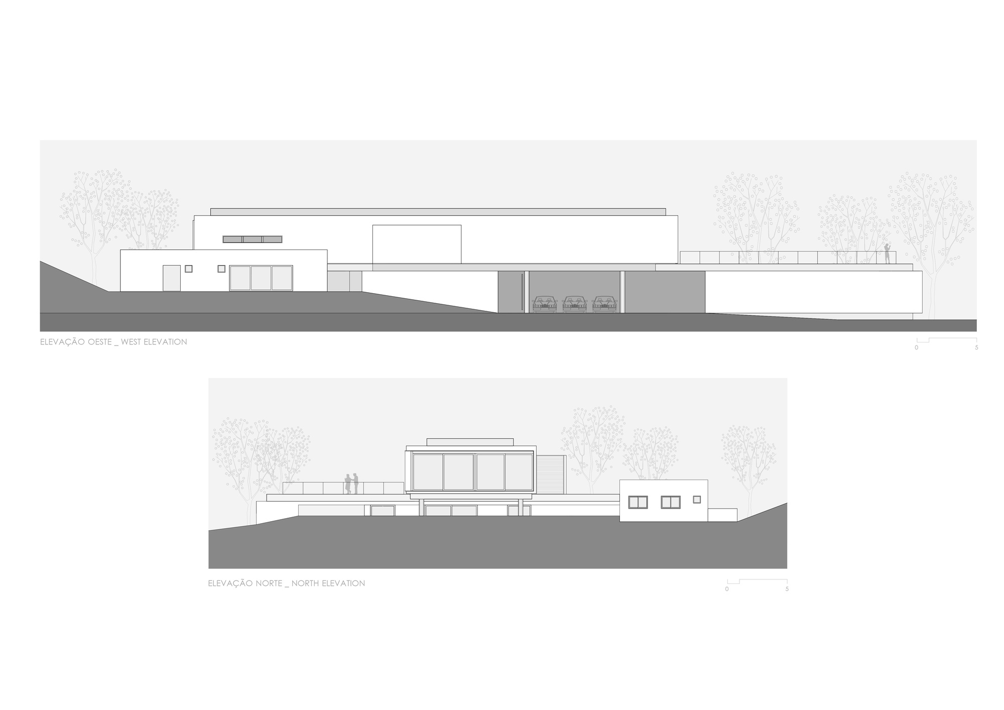 West and north elevation drawings showing the building's profile against the sloped ground with trees