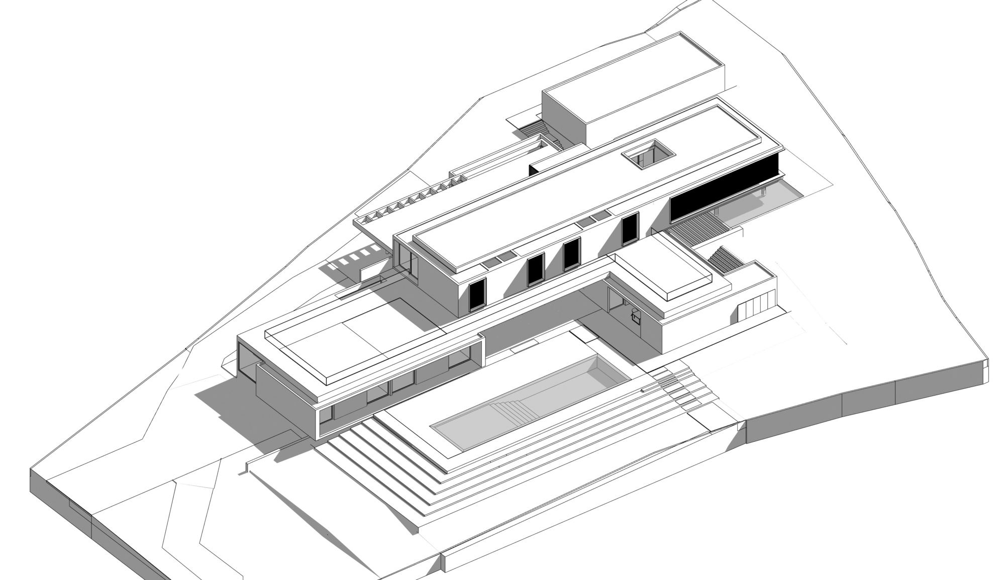 Axonometric drawing of the building volumes with terraces and pool on the sloped site