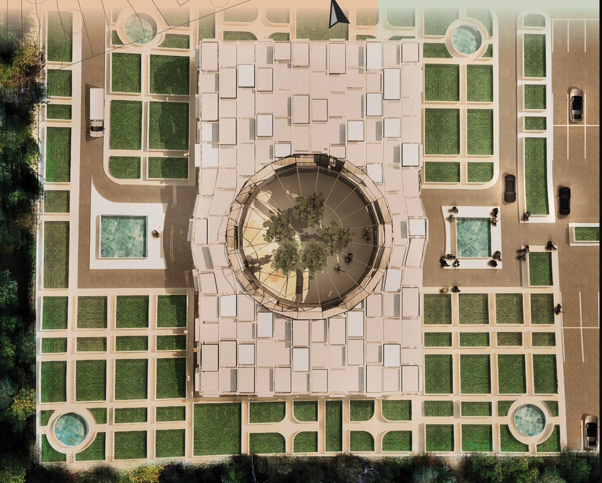 Central courtyard design integrating landscape, circulation, and koala rehabilitation spaces within a sustainable architectural framework.
