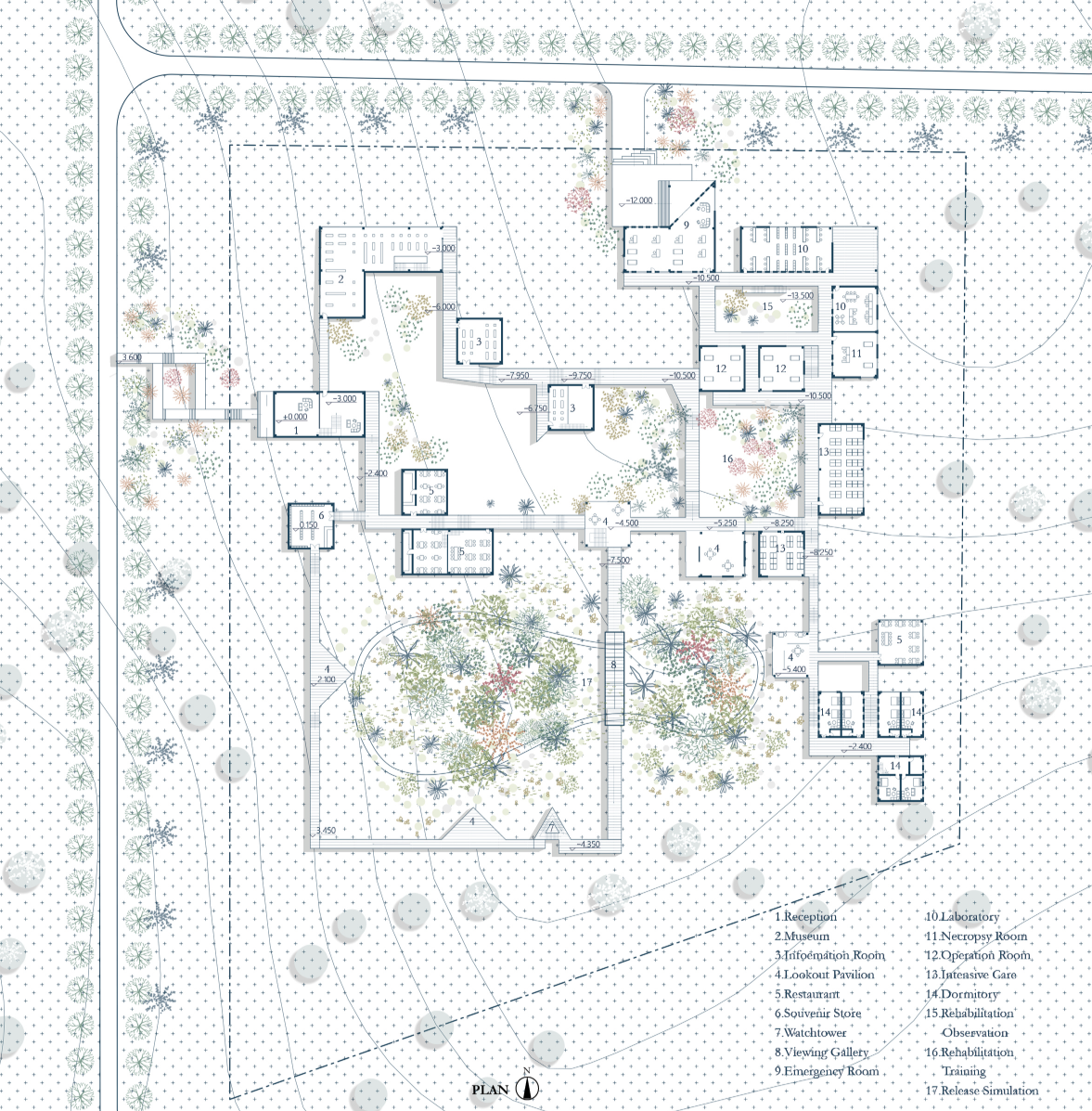 Detailed site plan showcasing visitor routes, treatment facilities, rehabilitation zones, and carefully preserved natural habitats.