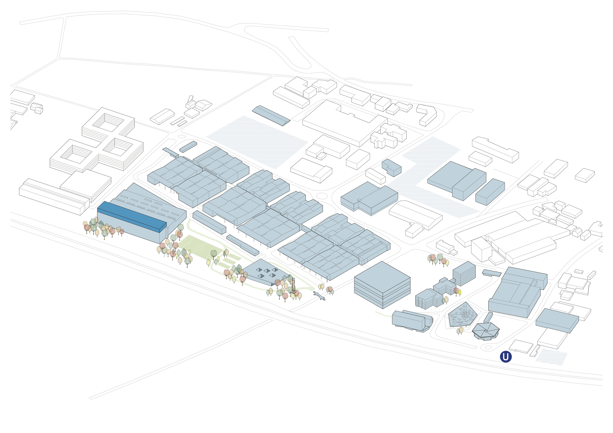Axonometric drawing showing a cluster of saw-toothed industrial volumes with planted pathways between
