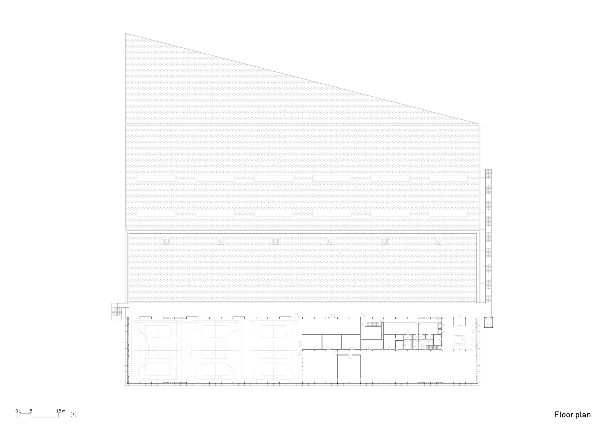 Floor plan drawing showing a long open space with a clerestory roof and service rooms