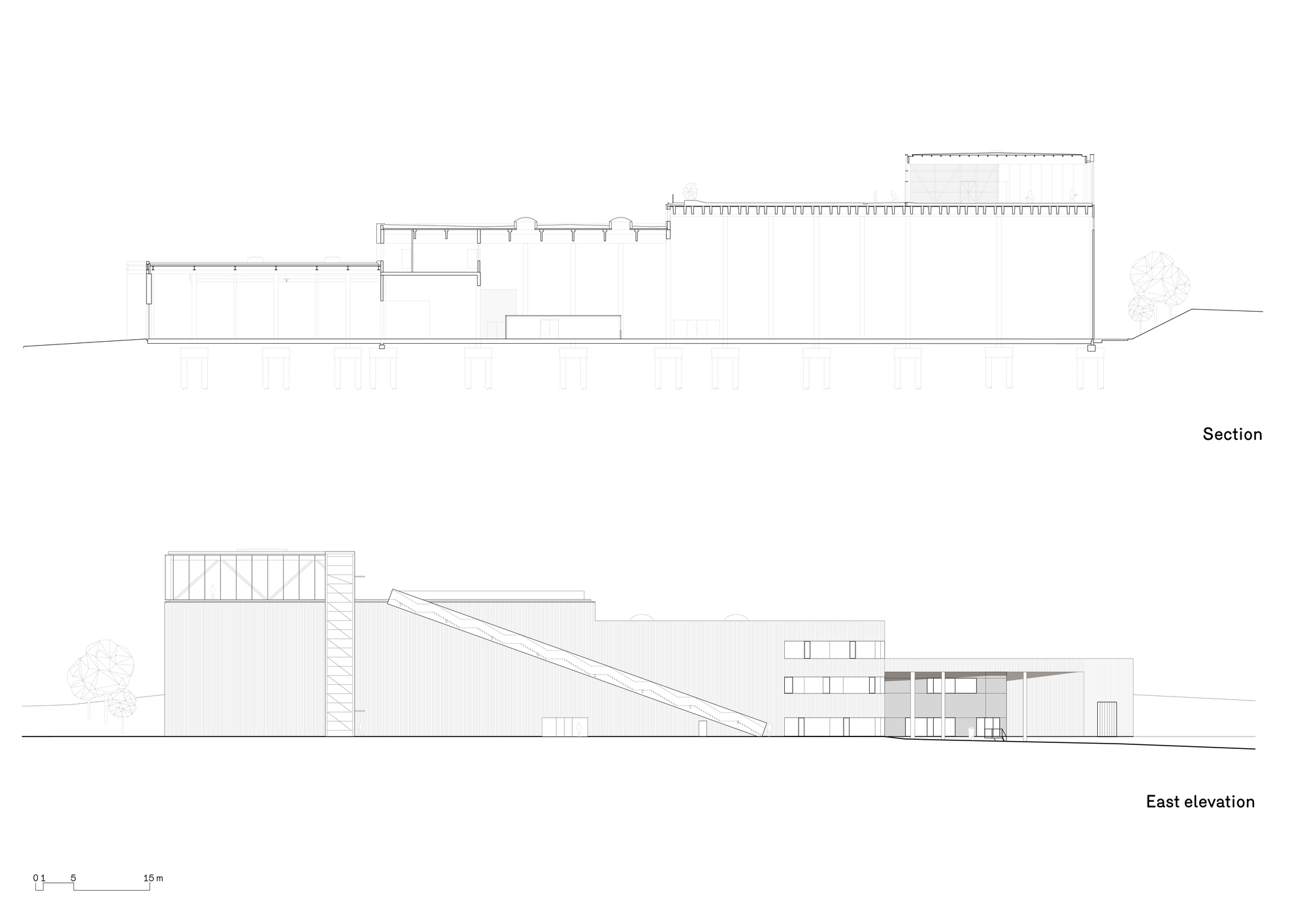 Section and elevation drawings showing the sloped roof profile and horizontal warehouse volumes