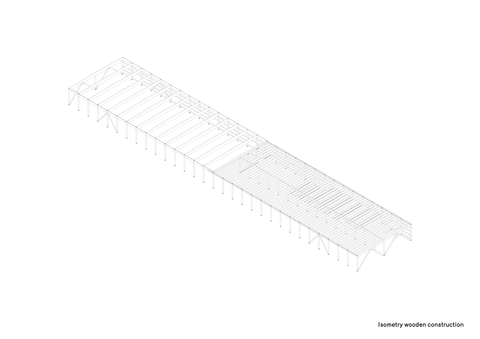 Isometric drawing of the timber framing system showing columns and roof beams in repetitive bays