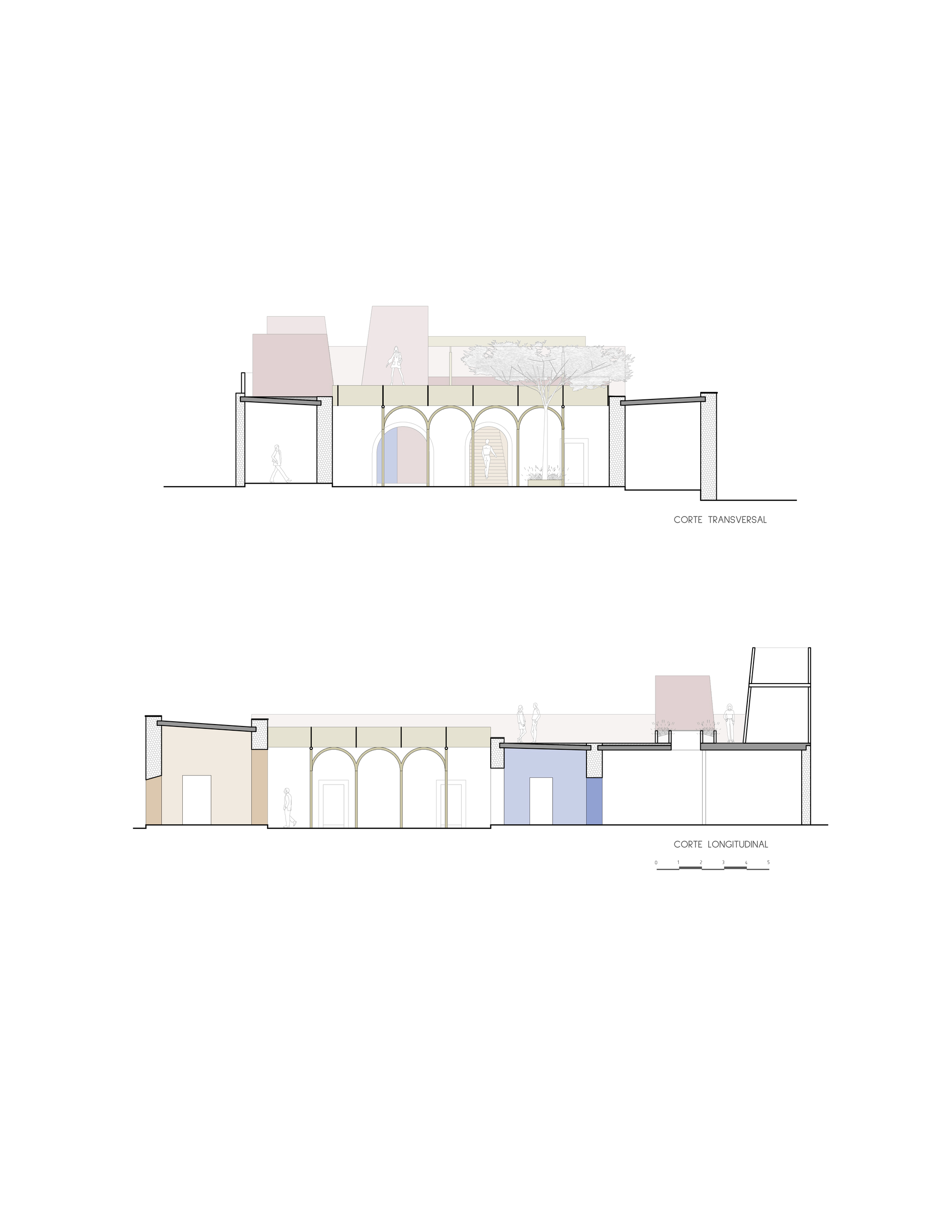 Section drawings showing arched colonnade and multi-level interior spaces adjacent to existing structures