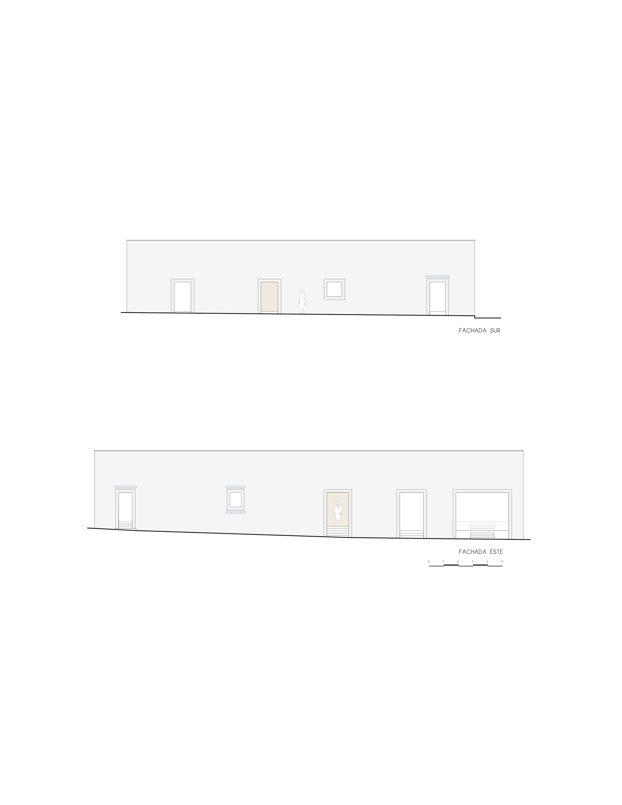 Elevation drawings showing two simple facades with rectangular door and window openings