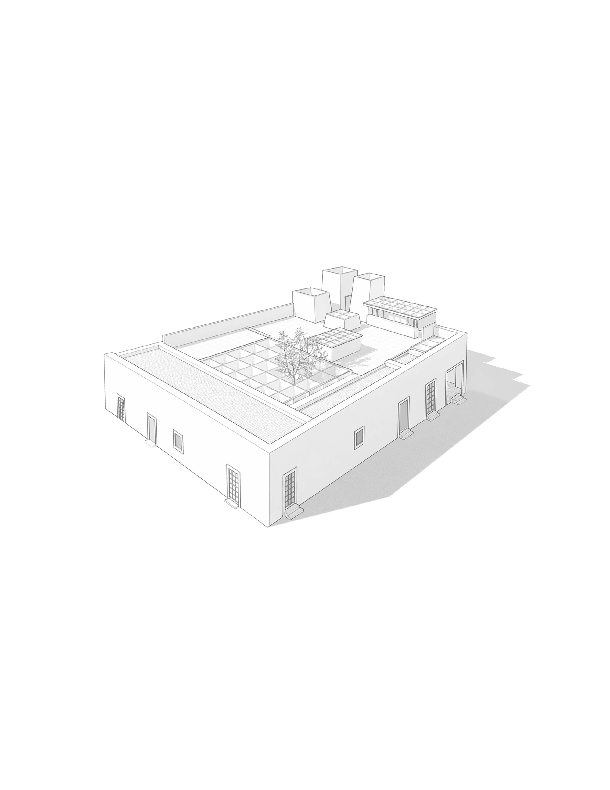 Axonometric drawing of a rectangular courtyard building with rooftop terrace and central planted area