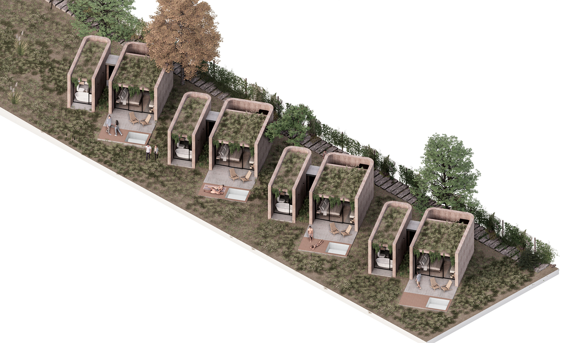 Axonometric rendering of four residential units with planted roofs stepping down a hillside with mature trees