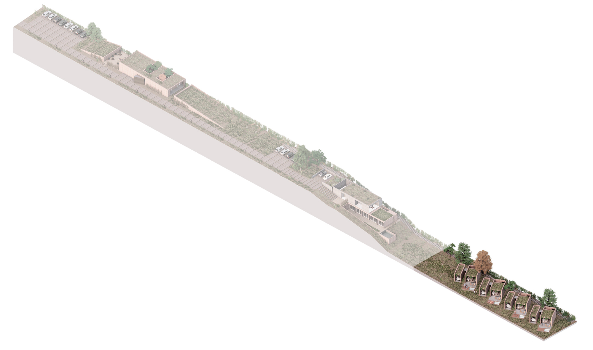 Axonometric rendering of the full site showing the progression from dense housing cluster to open planted areas