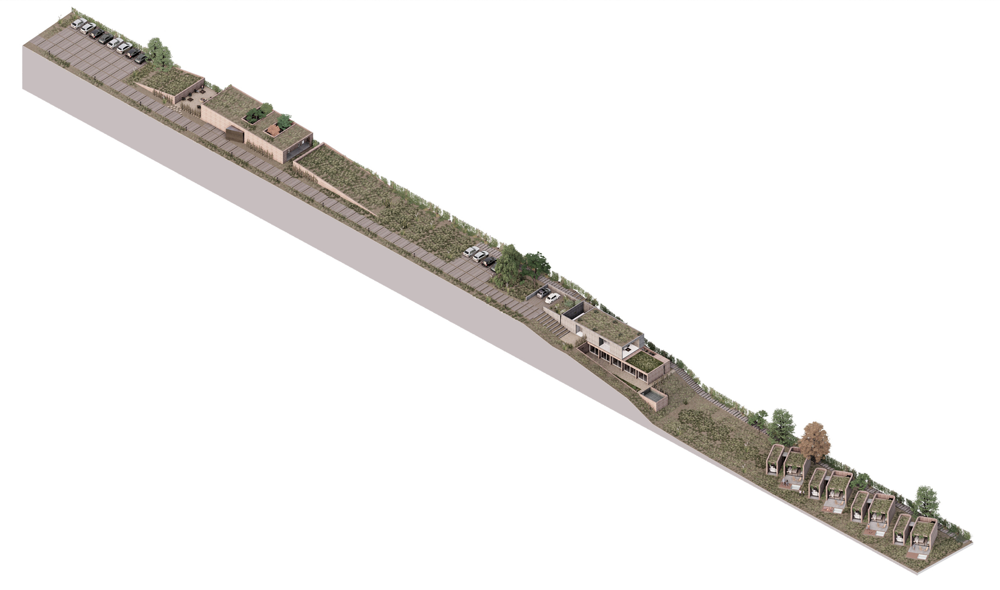 Axonometric rendering of the full site showing the progression from dense housing cluster to open planted areas