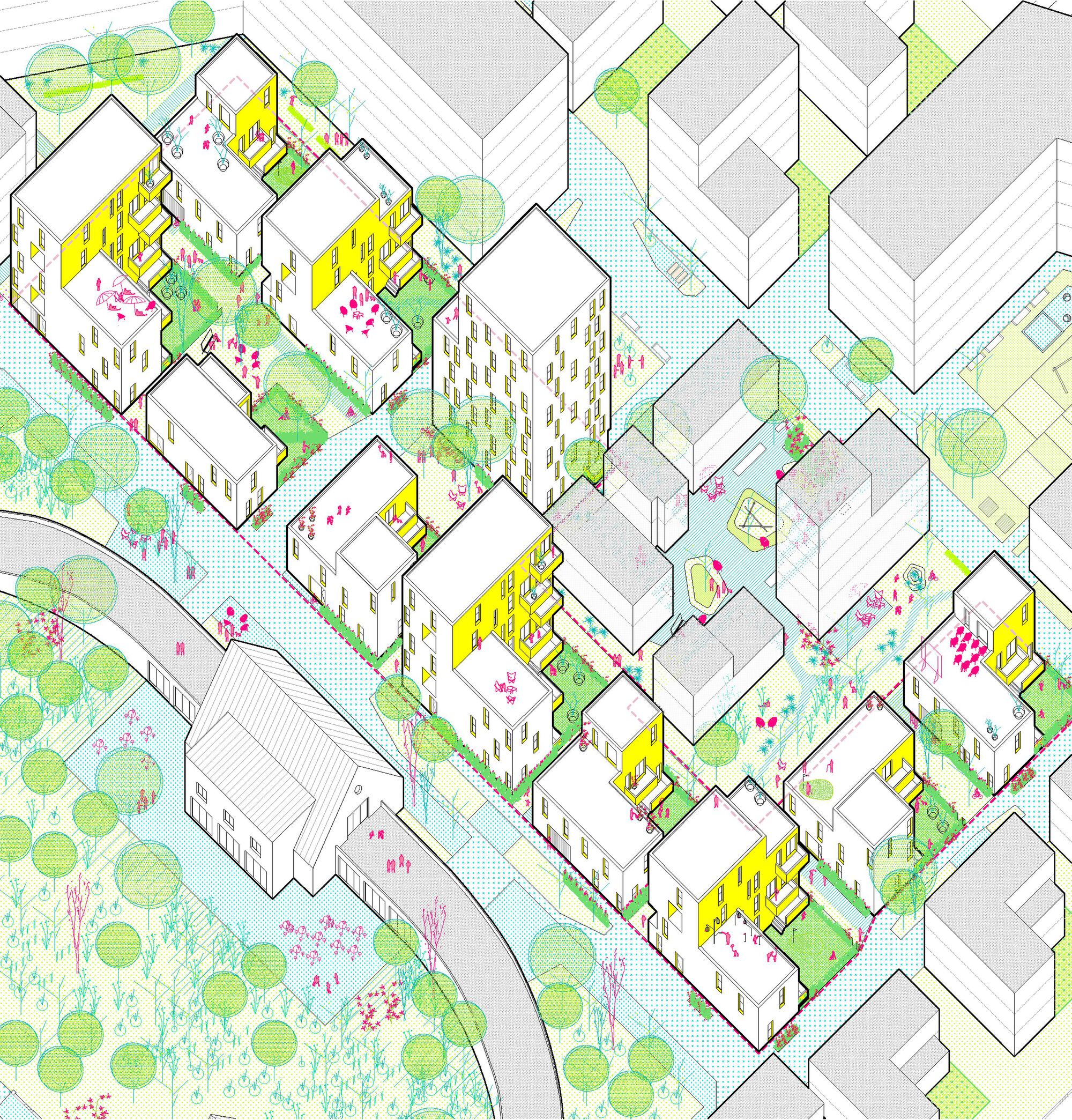 Axonometric drawing showing residential blocks arranged around courtyards with trees and pedestrian paths