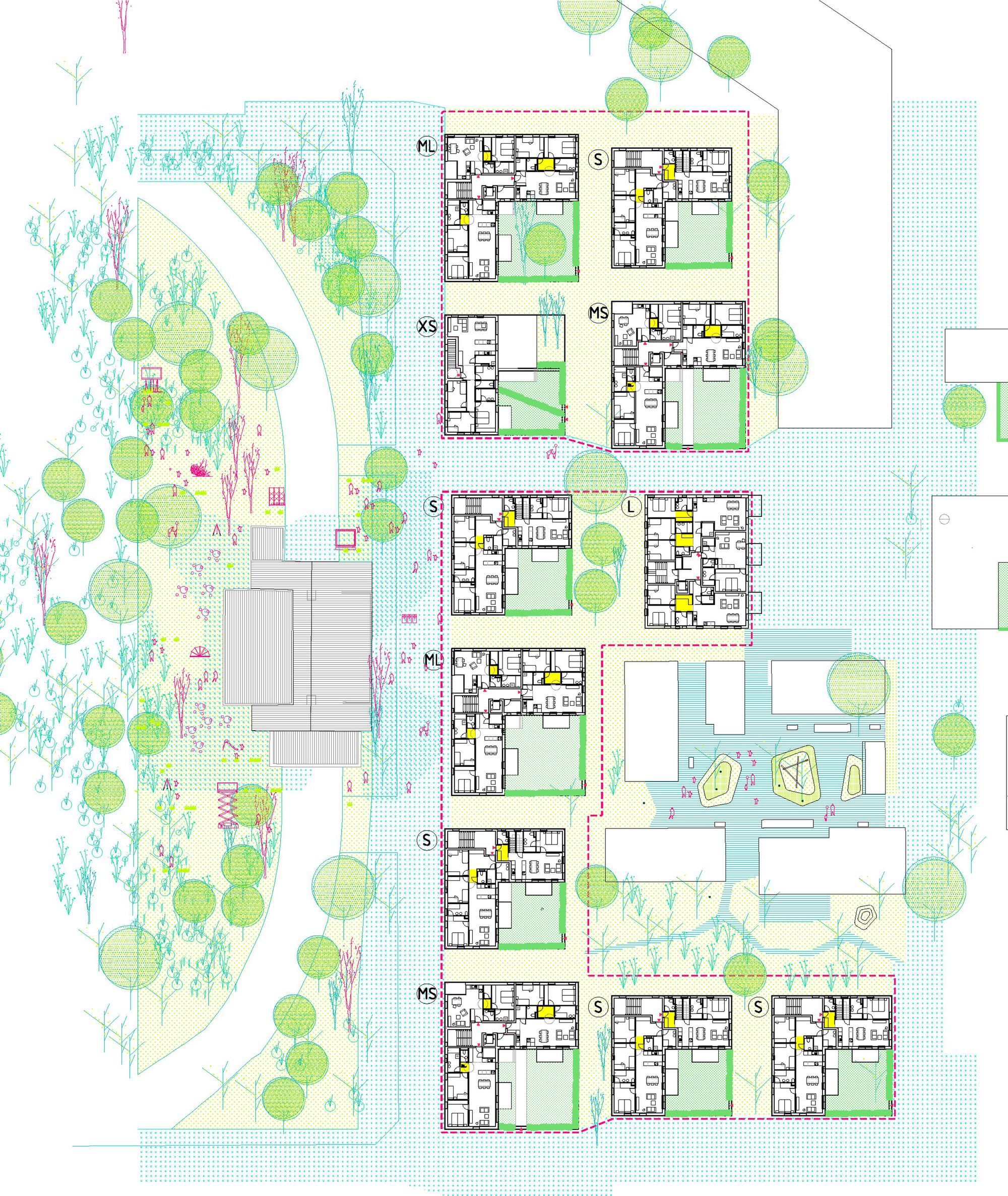 Site plan drawing depicting housing blocks with central courtyards surrounded by landscaping and water features