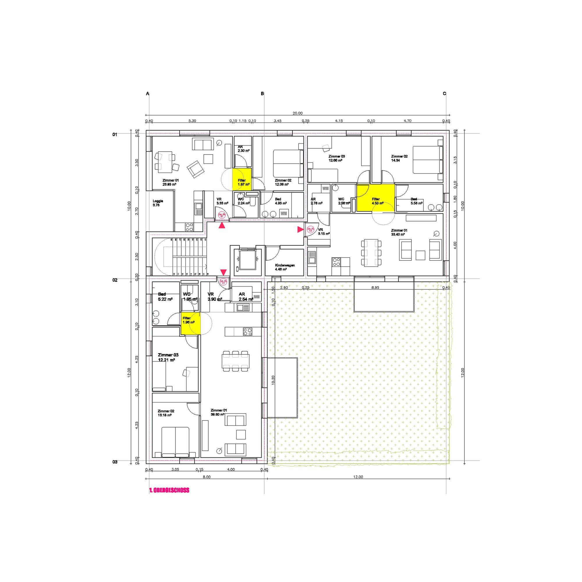 Floor plan drawing showing residential units arranged around a large exterior courtyard space
