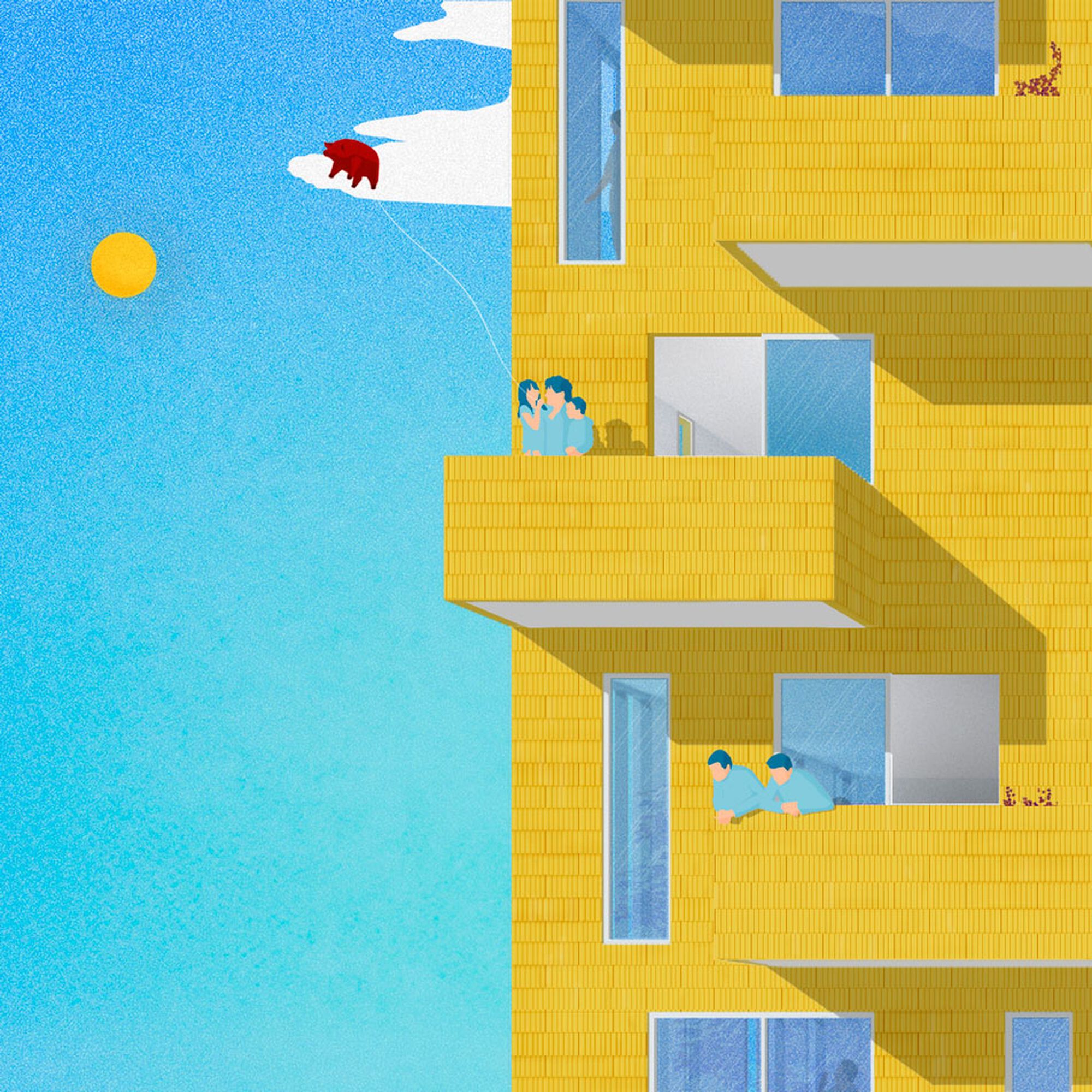 Axonometric illustration of yellow residential volumes with balconies overlooking a blue pool under bright sun
