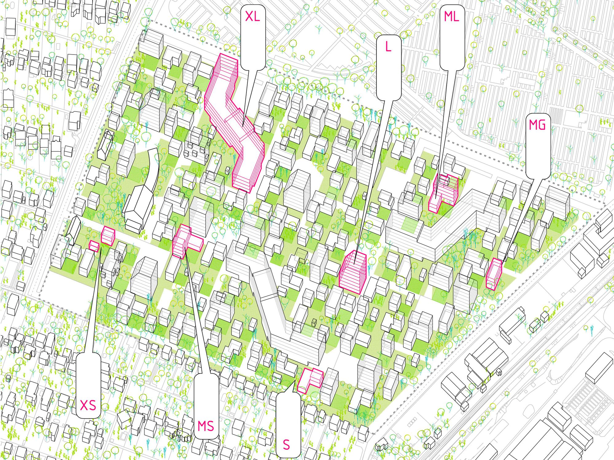 Site plan drawing showing residential blocks with green landscaping and building footprints marked in pink
