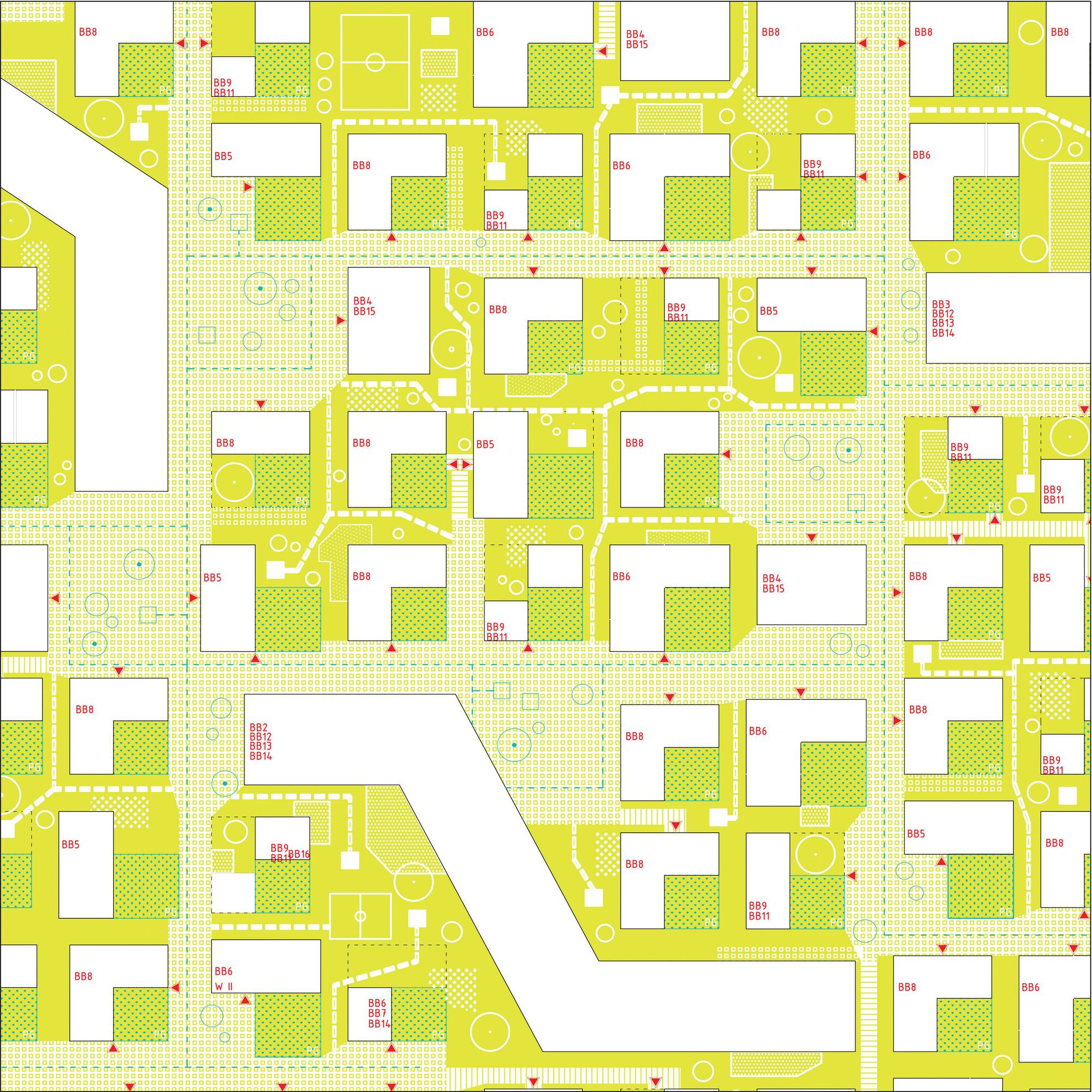 Masterplan drawing depicting housing blocks with yellow paving, green courtyards, and labeled building clusters