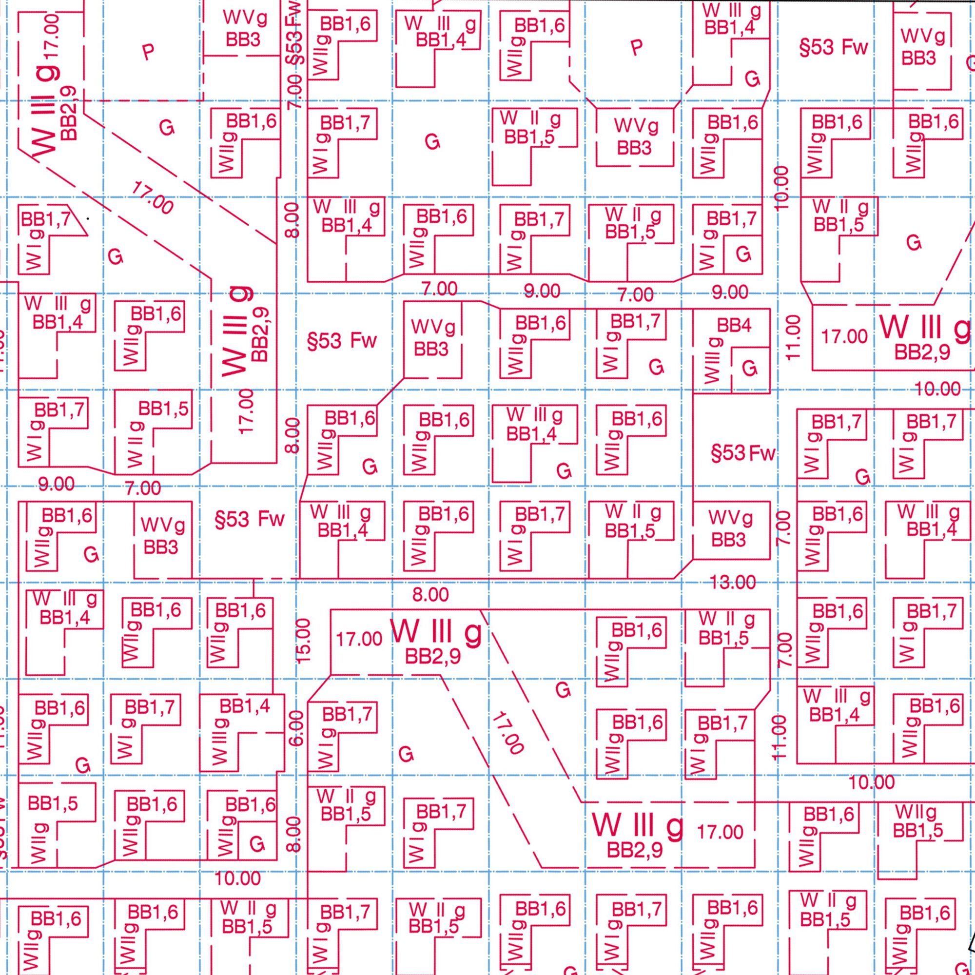 Technical site plan showing building footprints with dimensional annotations and zoning codes in red