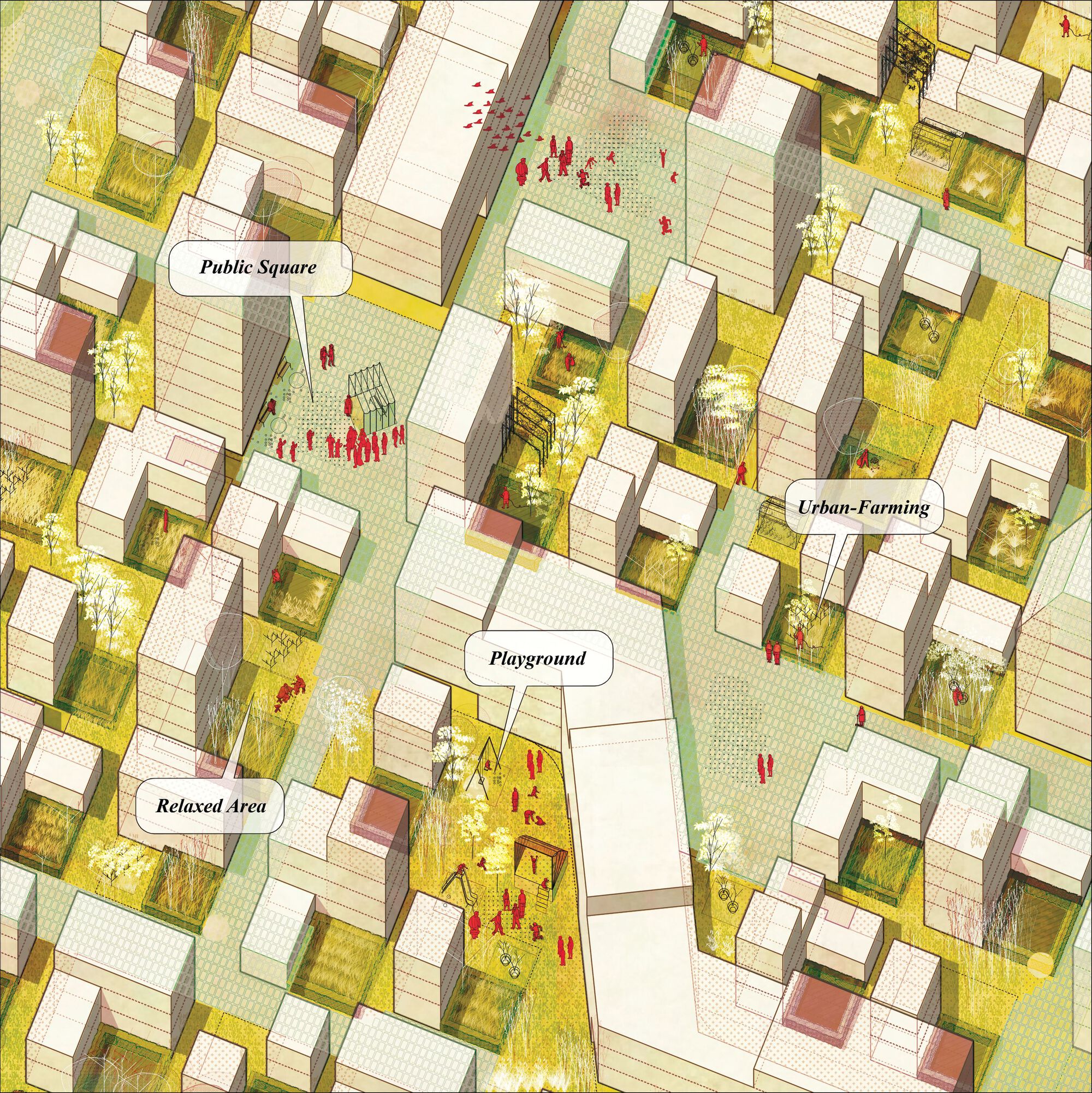 Axonometric drawing of housing blocks with green courtyards, people figures, and labeled public spaces