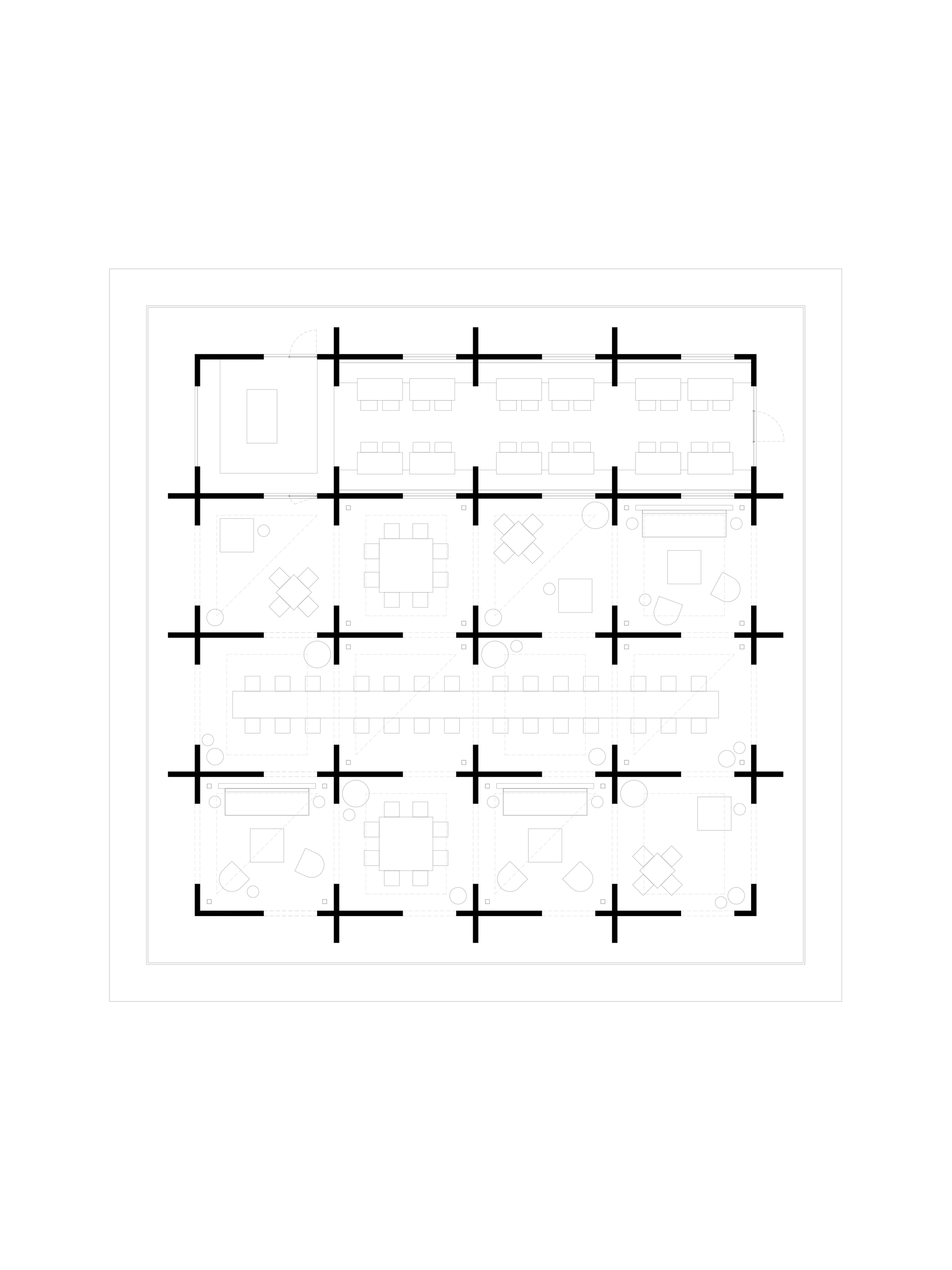 Floor plan drawing showing a grid of columns with central communal spaces and perimeter units