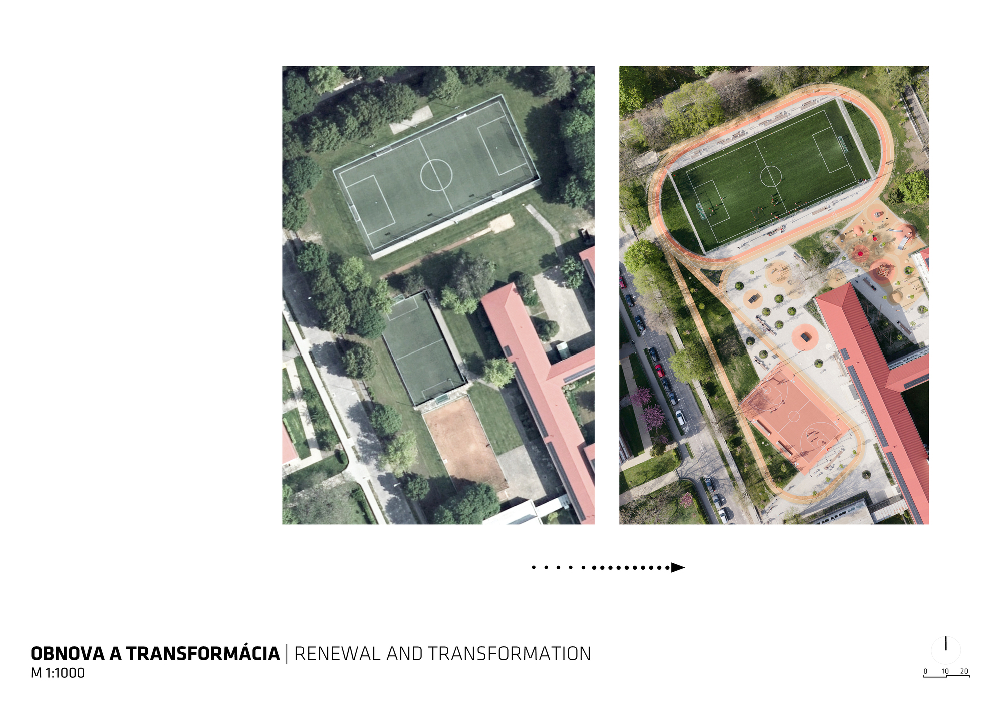 Aerial comparison of sports complex showing original layout and renovated site with running track and landscaping