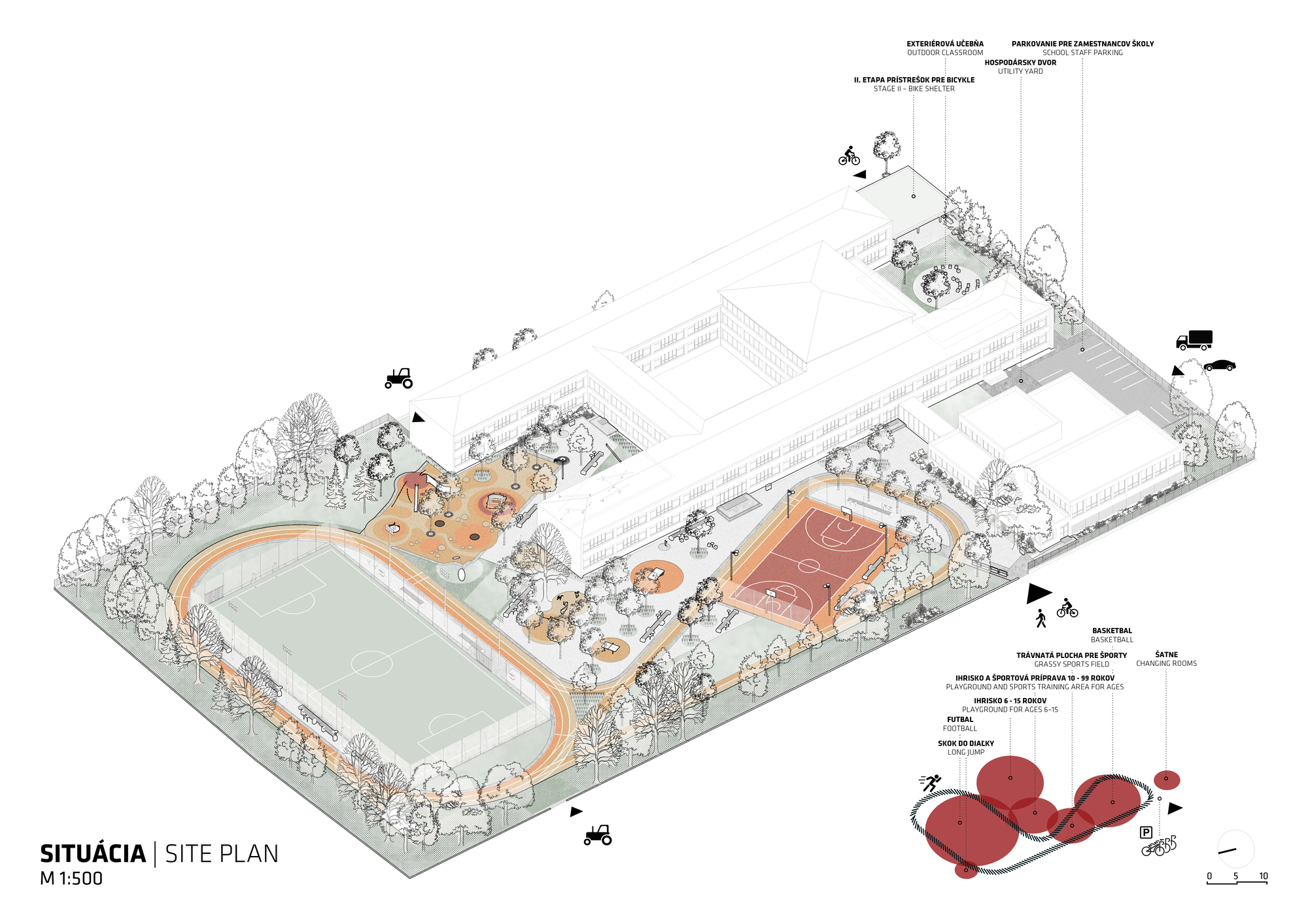 Isometric site plan drawing depicting sports facilities, outdoor courts and landscaped zones with circulation routes