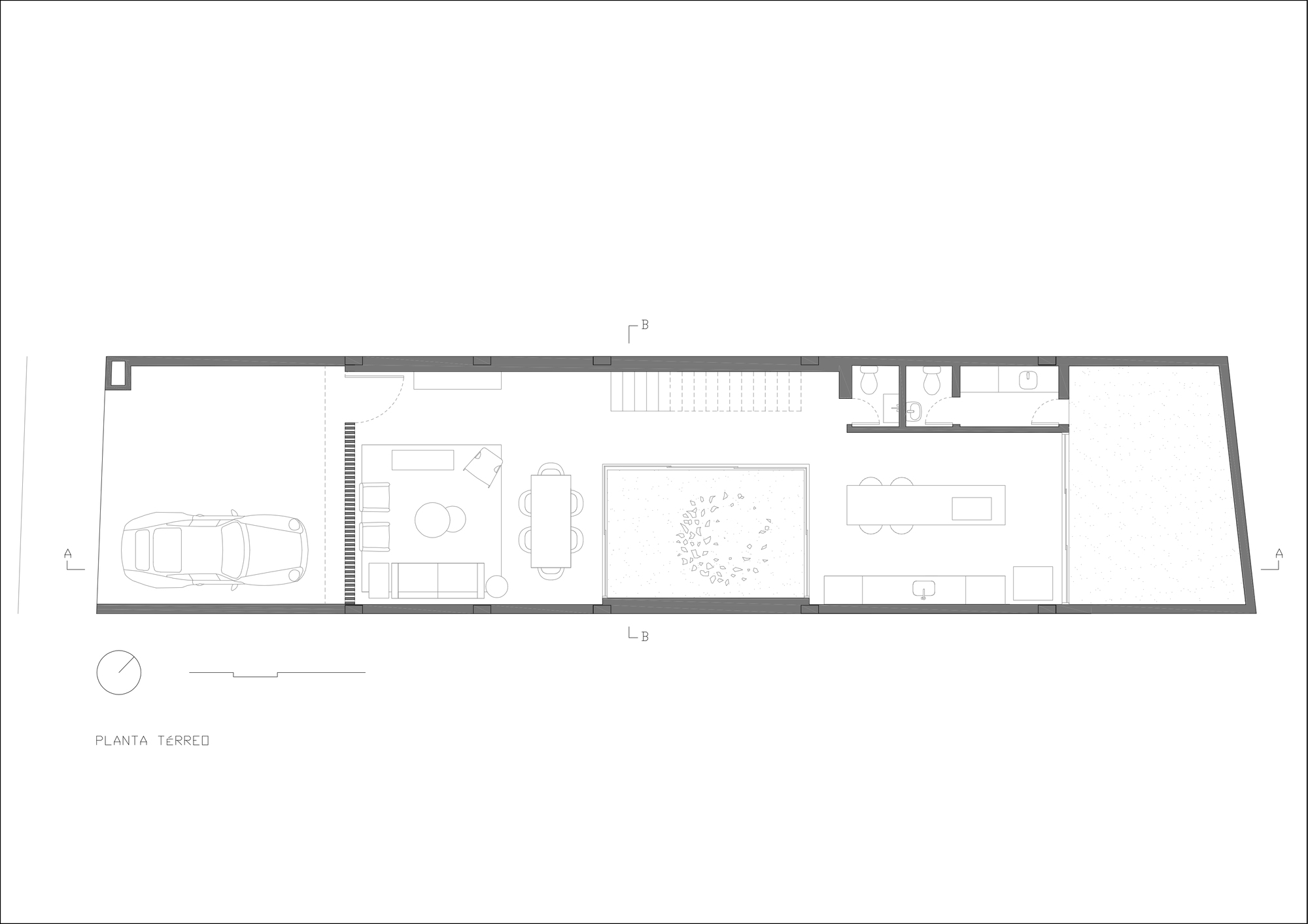 Ground floor plan showing garage, living areas, central courtyard, and service rooms in linear arrangement