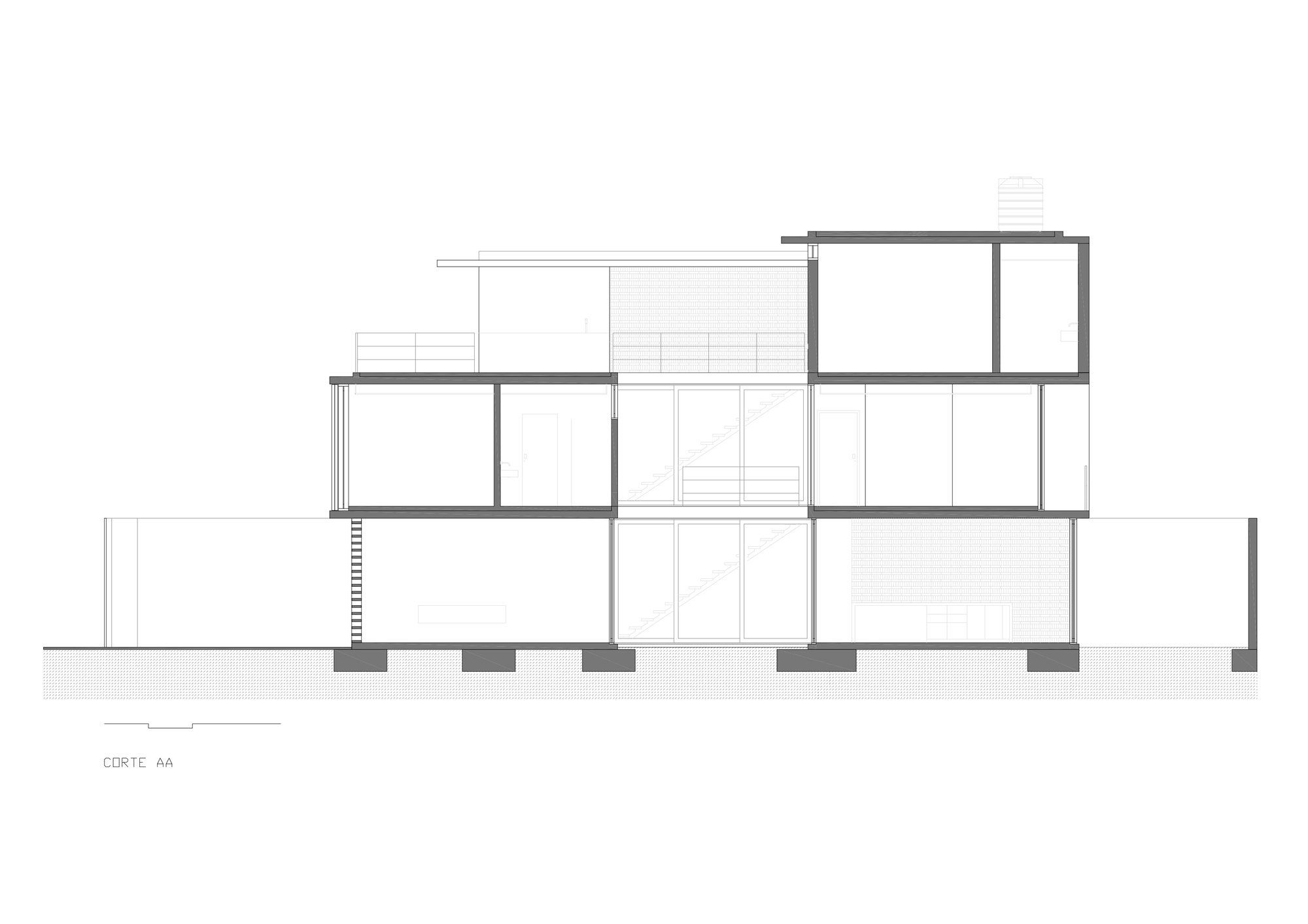 Section drawing revealing three stacked levels with offset floor plates and a connecting stair