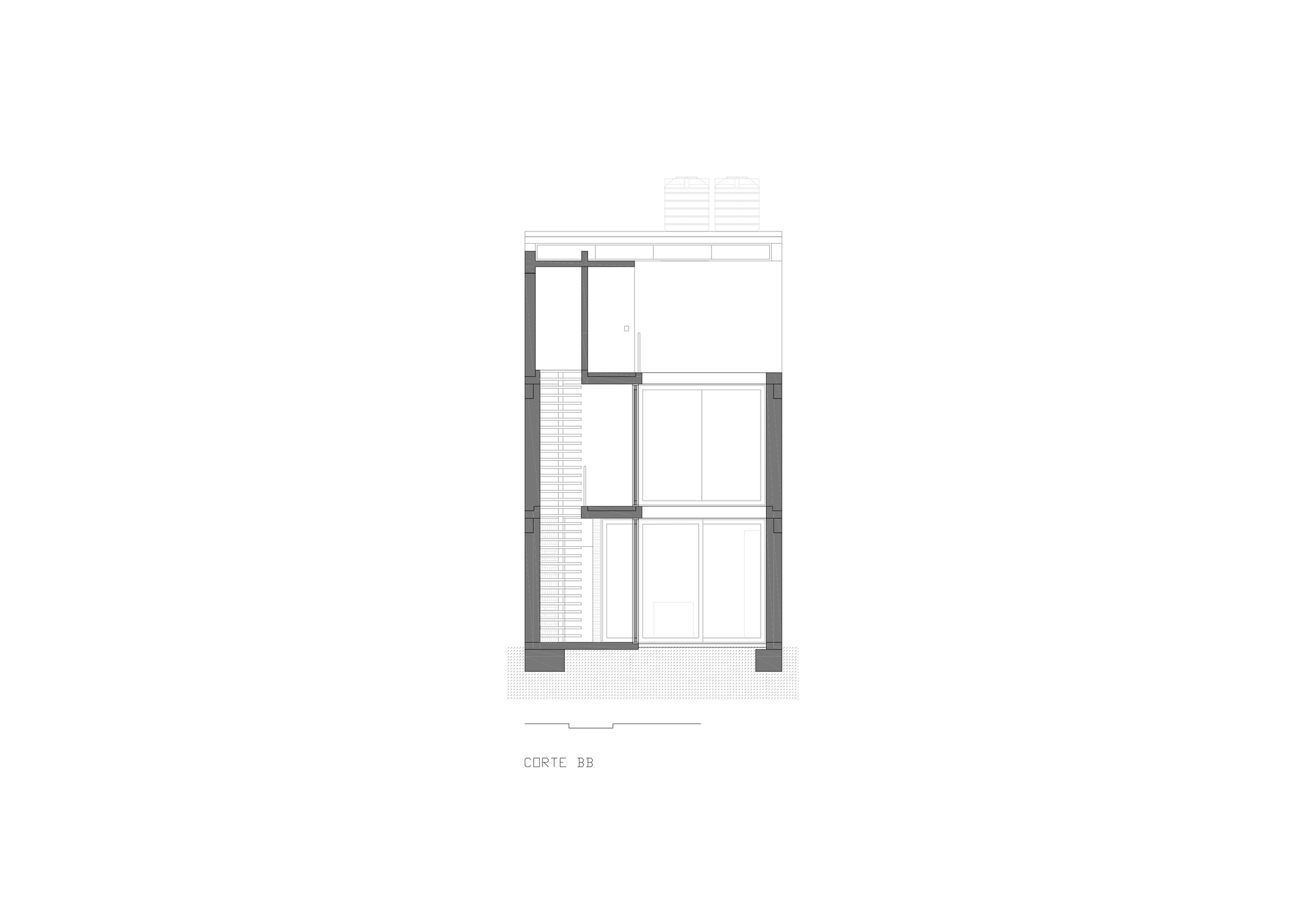 Transverse section drawing showing the three story volume with vertical stair circulation at the side