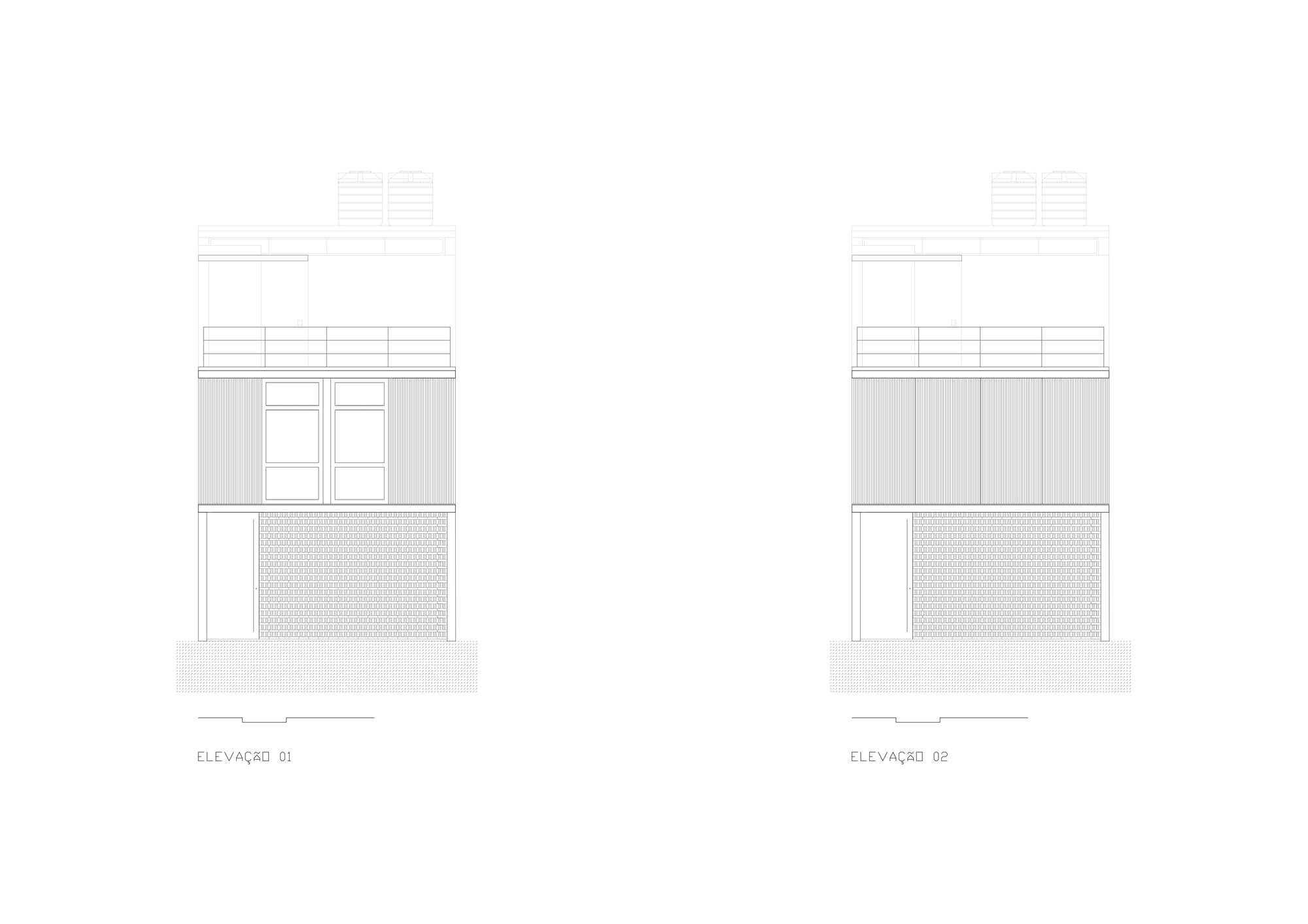Front and rear elevation drawings displaying vertical wood siding and stacked window openings with rooftop elements