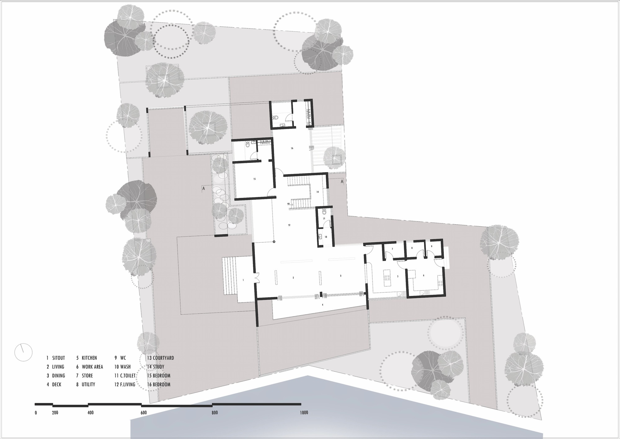 Site plan drawing showing L-shaped building footprint with courtyard pool and surrounding tree canopy