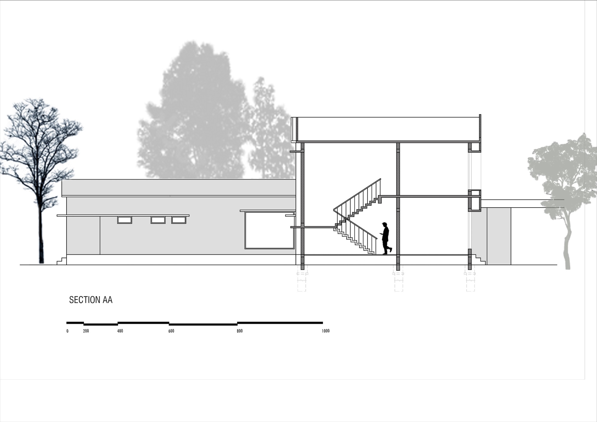 Section drawing showing double-height stairwell, flat roof profile and flanking tree silhouettes
