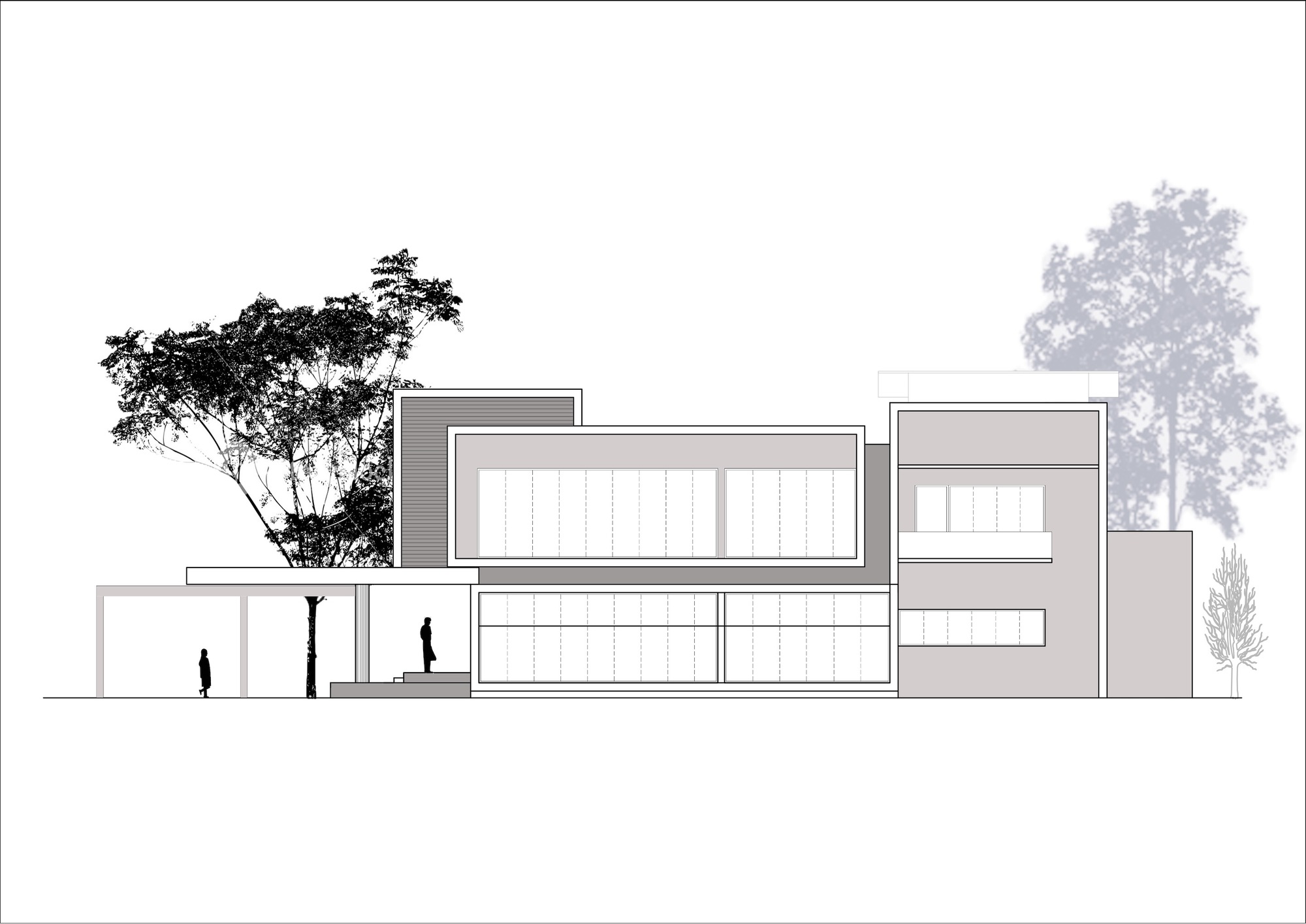 Elevation drawing illustrating stacked volumes with vertical slat screens and figures in glazed ground floor