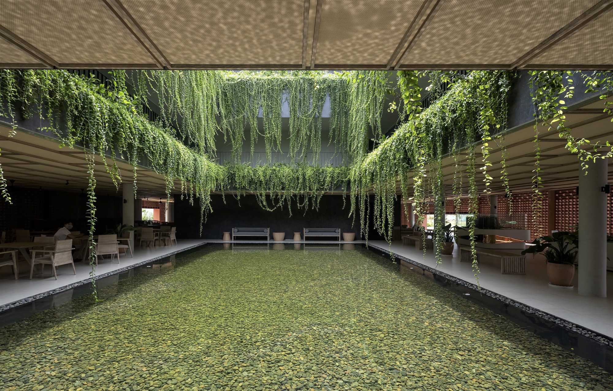 Interior courtyard with green water pool beneath cascading vines and a gridded timber ceiling