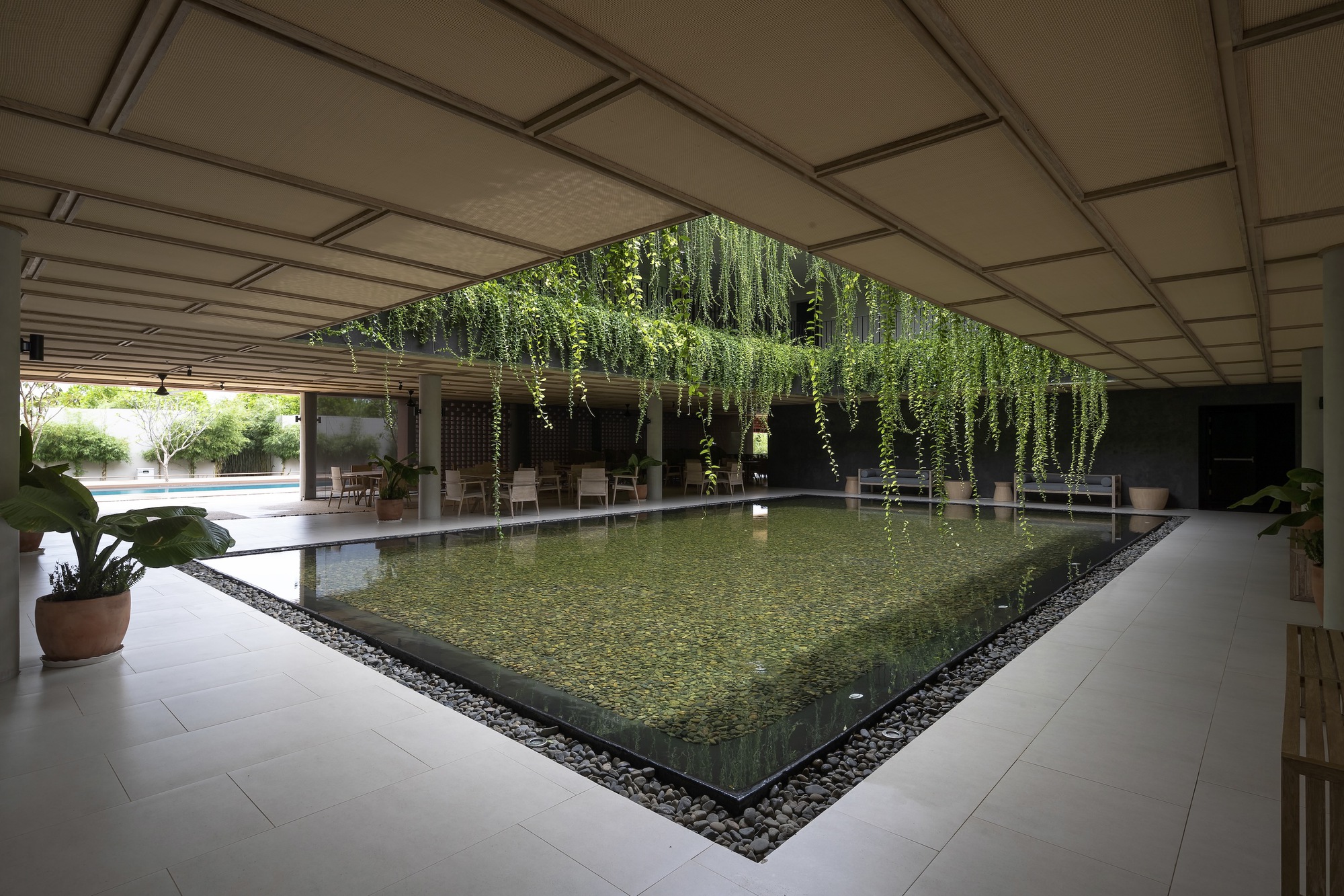 Covered walkway alongside the rectangular pool with cascading greenery overhead and coffered ceiling