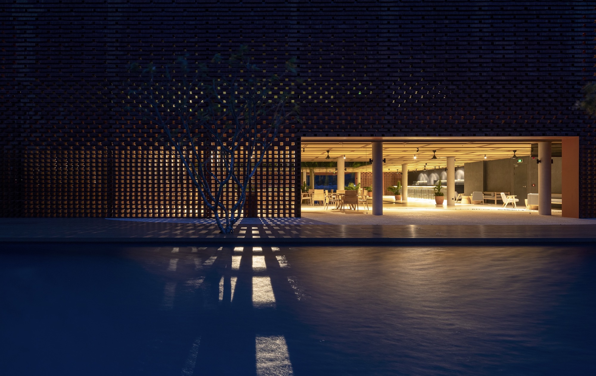 Perforated brick facade with a young tree casting shadows on the pool deck at dusk