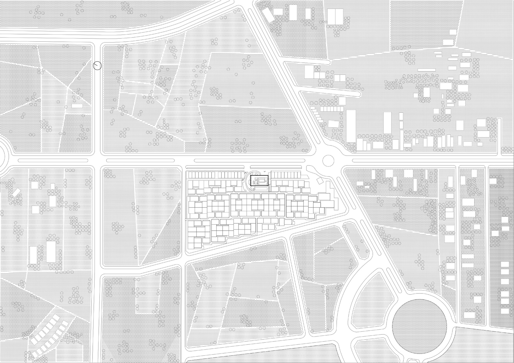 Site plan drawing showing a triangular block with residential clusters and street networks