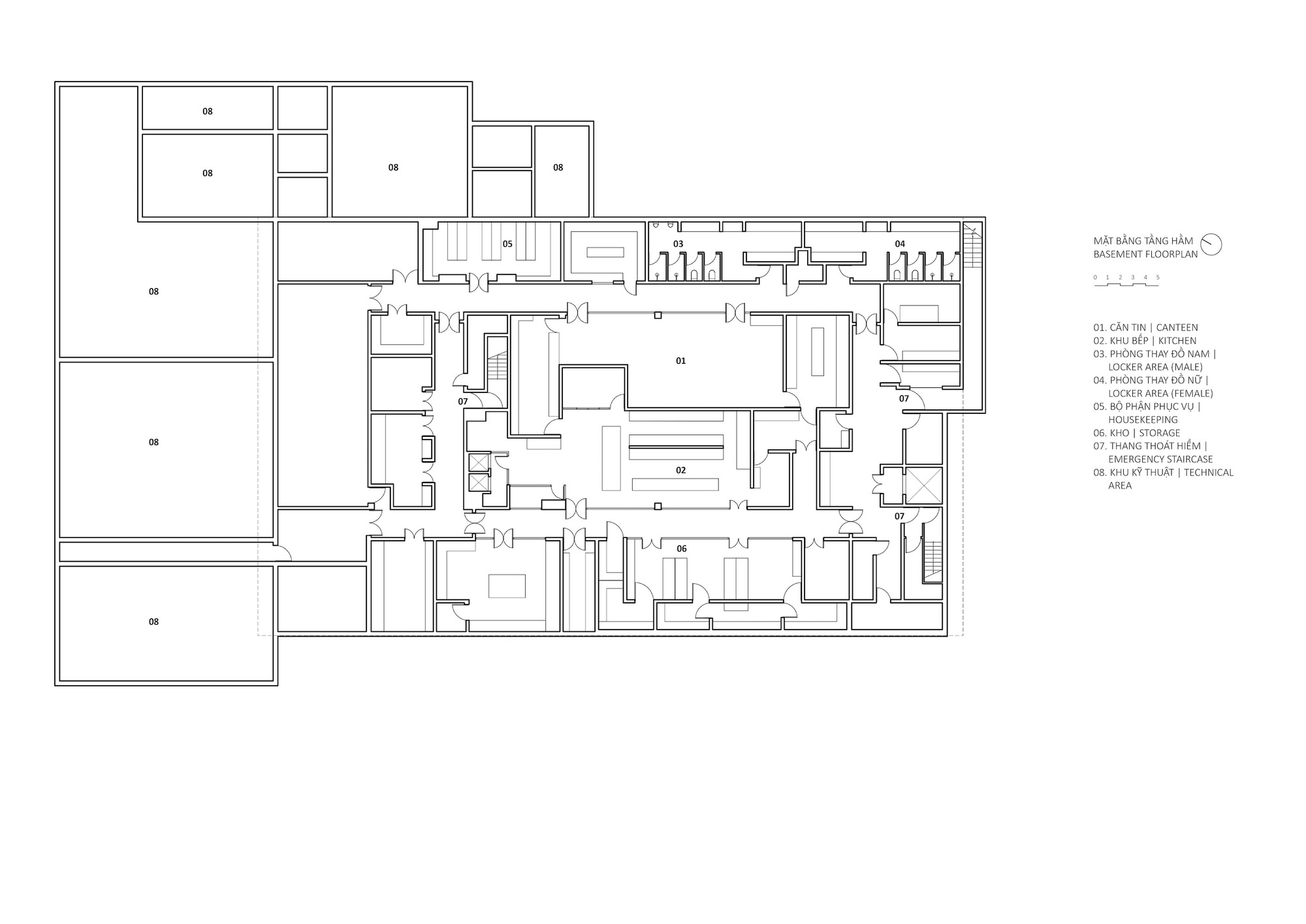 Basement floor plan drawing showing rooms radiating from a central circulation spine
