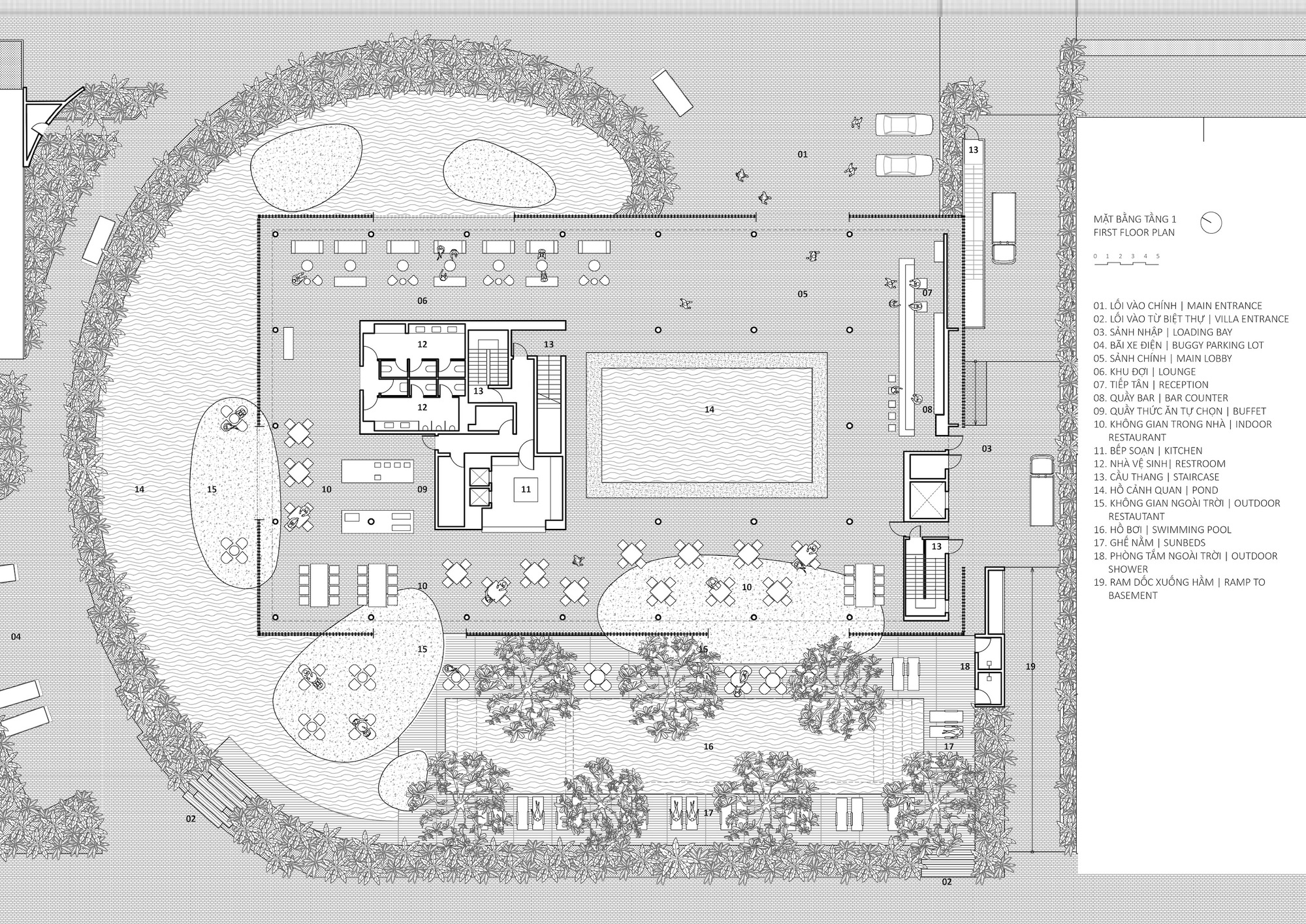 Ground floor plan drawing showing a curved site with central pool, outdoor dining areas, and perimeter landscaping