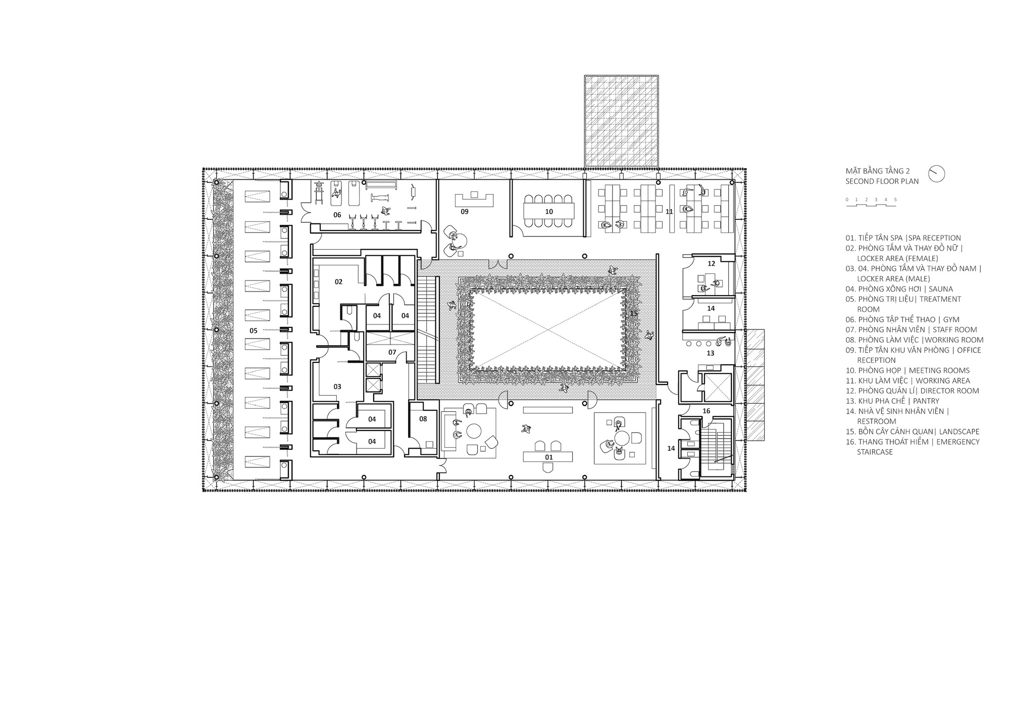 Second floor plan drawing revealing interior courtyard pool surrounded by reception, working areas, and meeting rooms