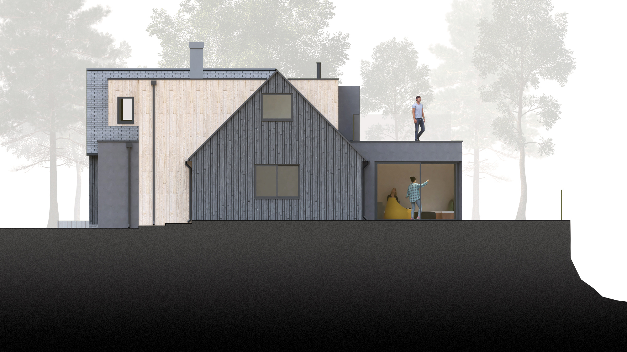 Section drawing showing pitched-roof volumes with figures on different levels among silhouetted trees