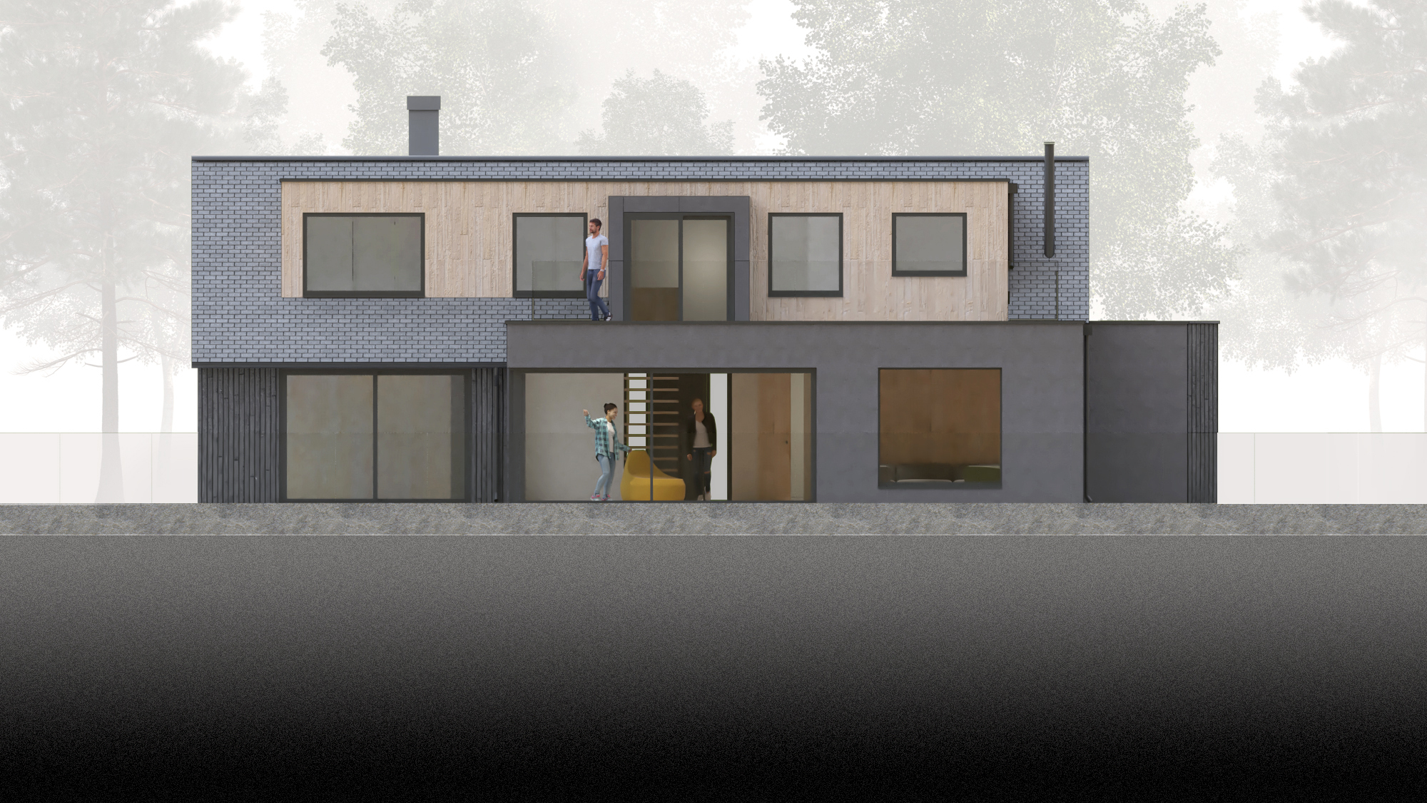 Elevation drawing of a two-storey house with brick upper level and corrugated metal lower level with figure at balcony