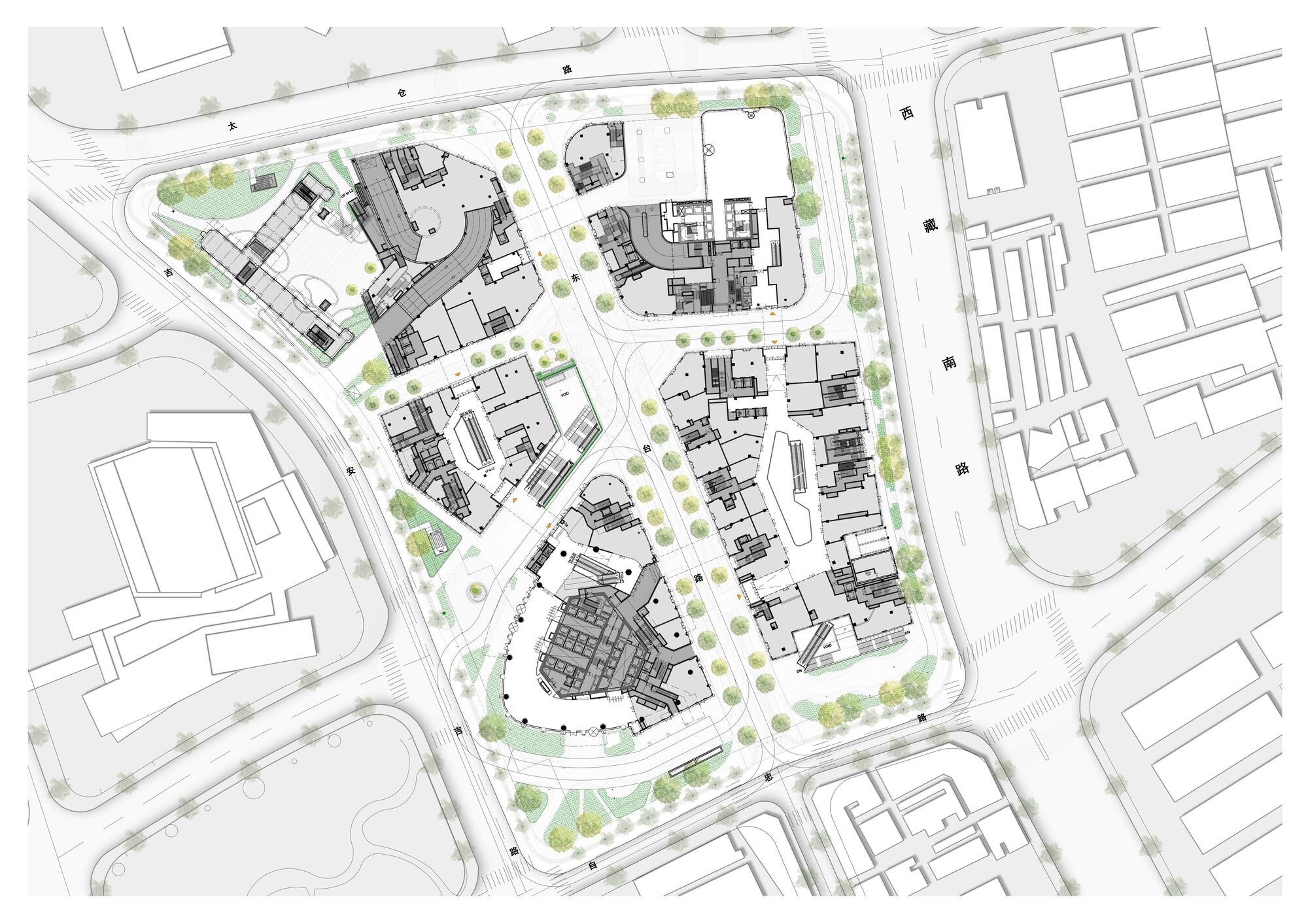 Site plan drawing with street trees and multiple building volumes arranged around pathways