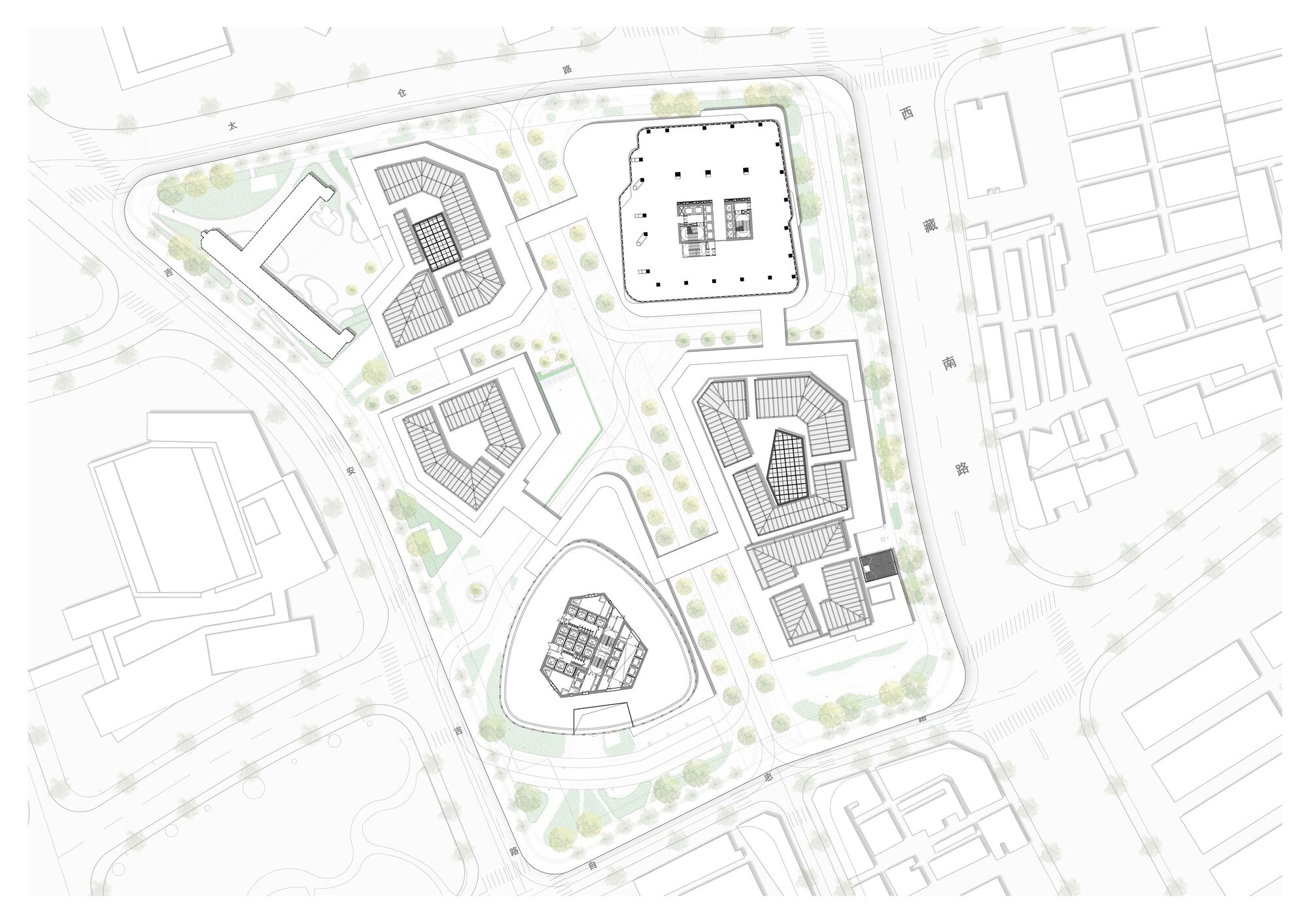 Site plan drawing showing cluster of buildings with street trees along perimeter roadways