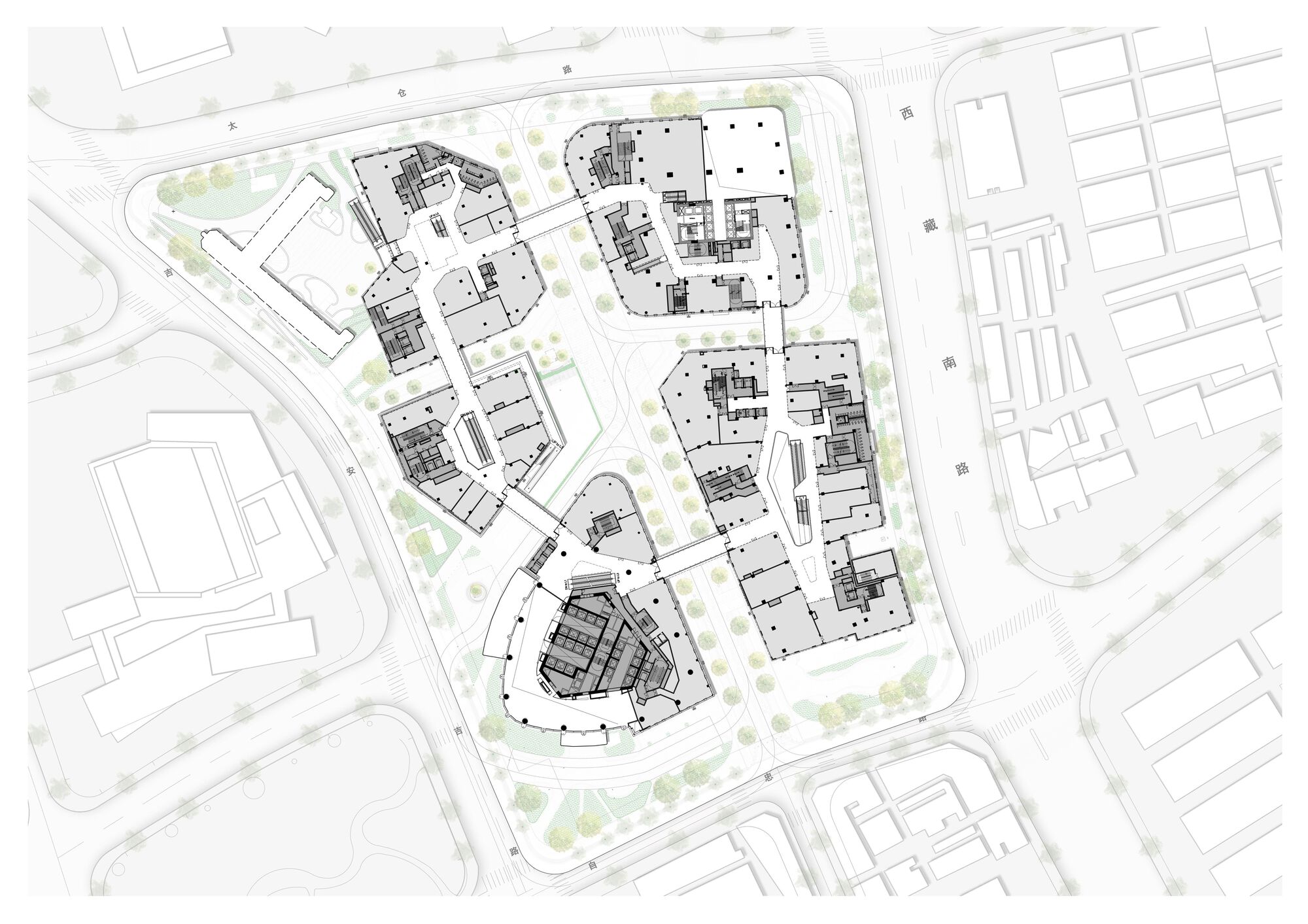 Site plan drawing depicting mixed building footprints with landscape elements and adjacent street grid