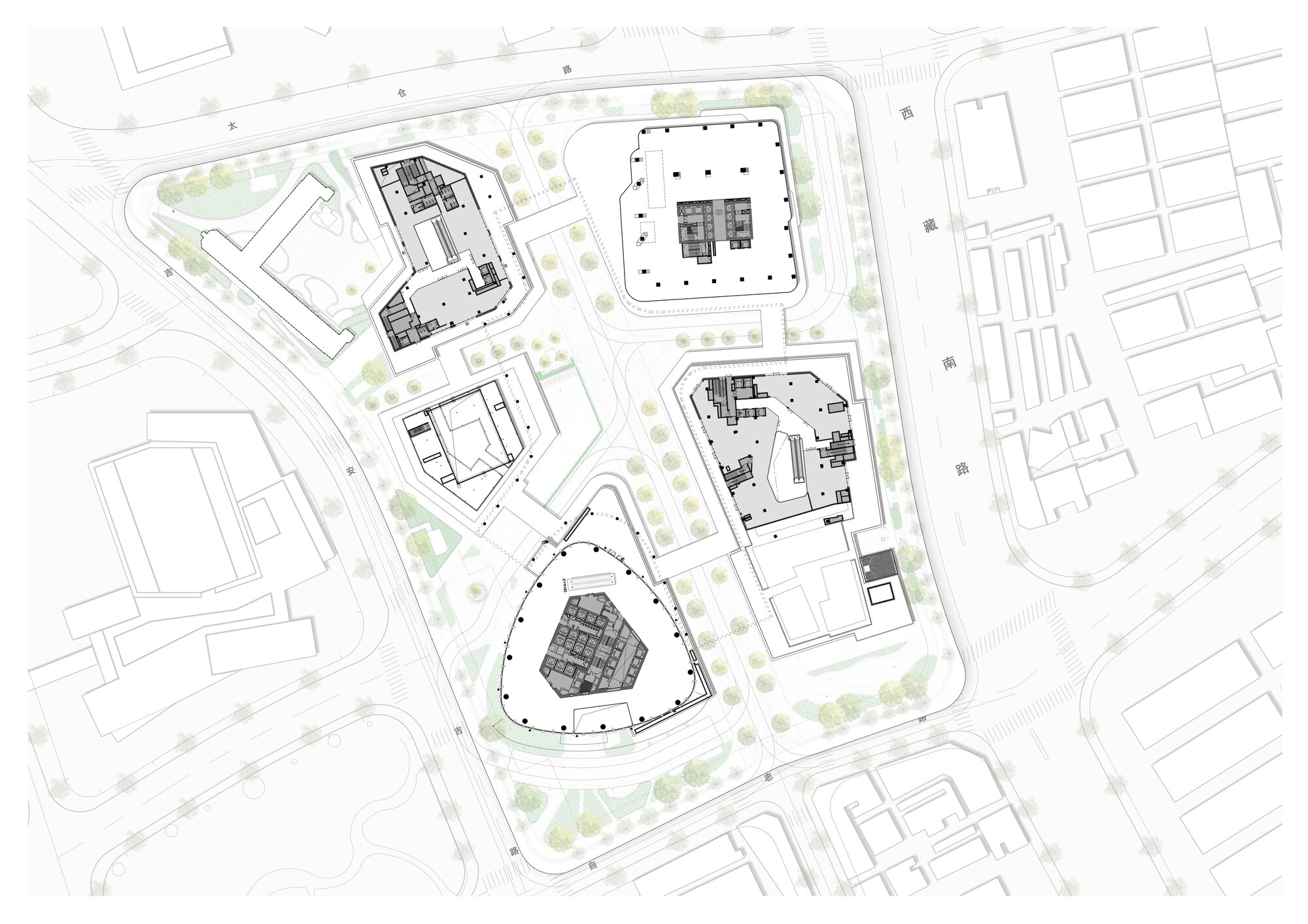 Site plan drawing showing five buildings arranged around a triangular central structure with surrounding landscaping and roadways