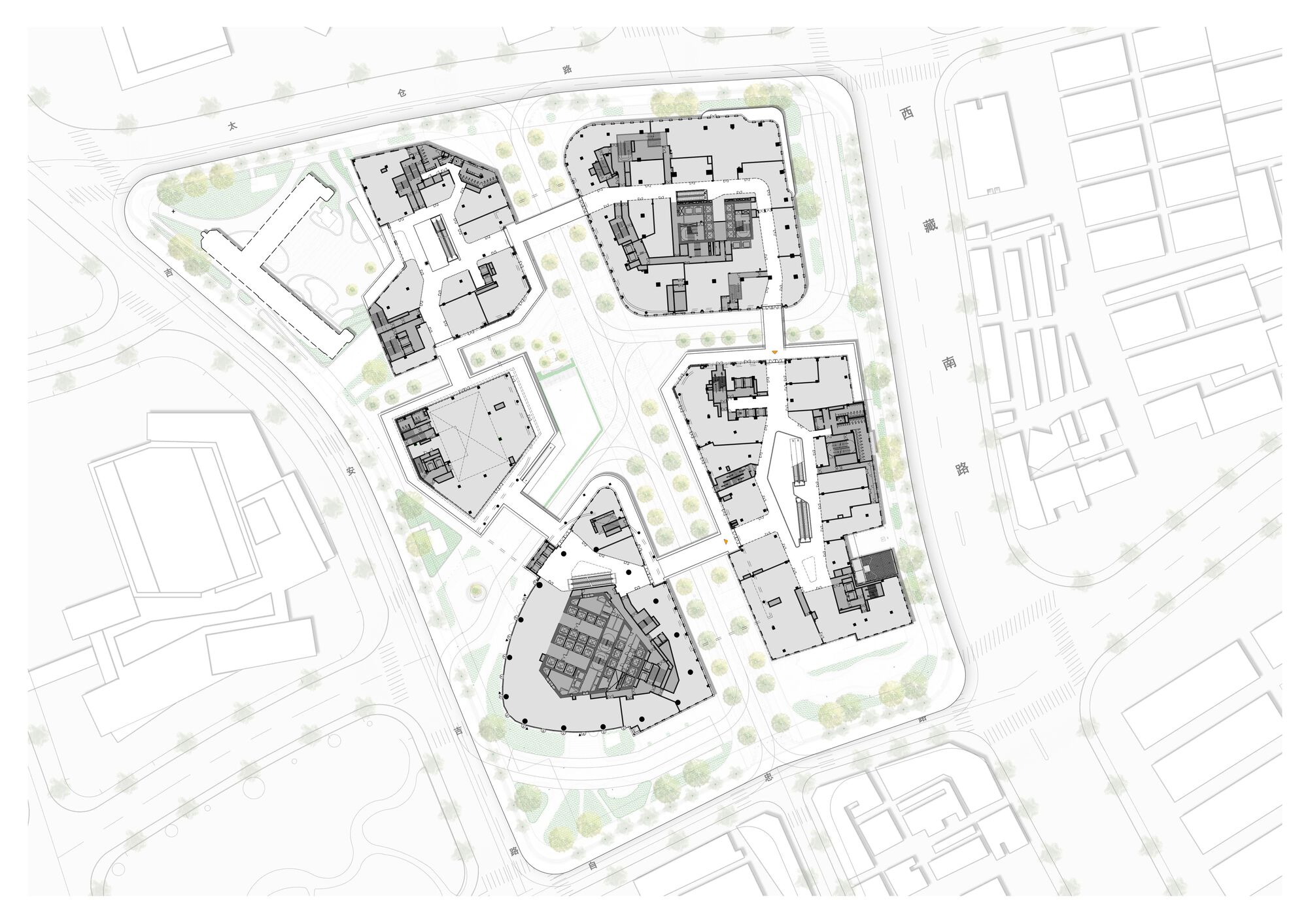 Site plan drawing showing the ground floor layouts of five buildings with interior circulation paths and programmatic zones