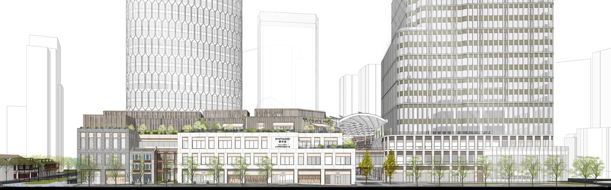 Elevation drawing showing a mixed-use streetscape with low-rise buildings, planted terraces, and high-rise towers behind