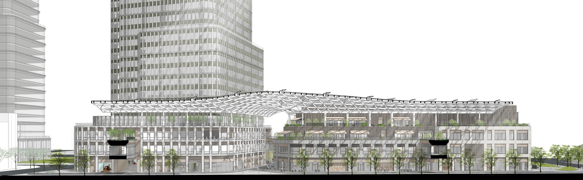 Elevation drawing showing a terraced structure with rooftop greenery beneath a glass tower and horizontal canopy element