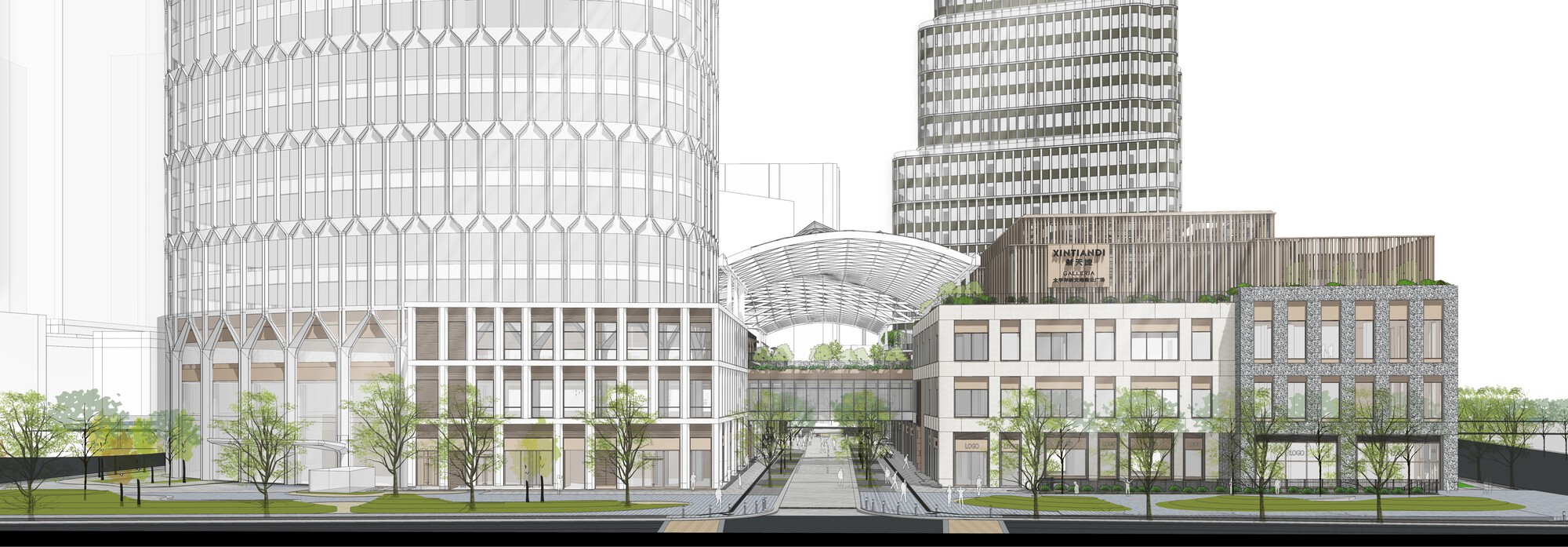 Elevation drawing showing mid-rise buildings with regular window patterns, trees at street level, and towers flanking the composition