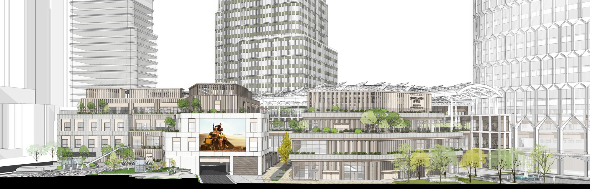 Section drawing showing multi-level planted terraces connecting low-rise and high-rise structures with trees distributed across the levels